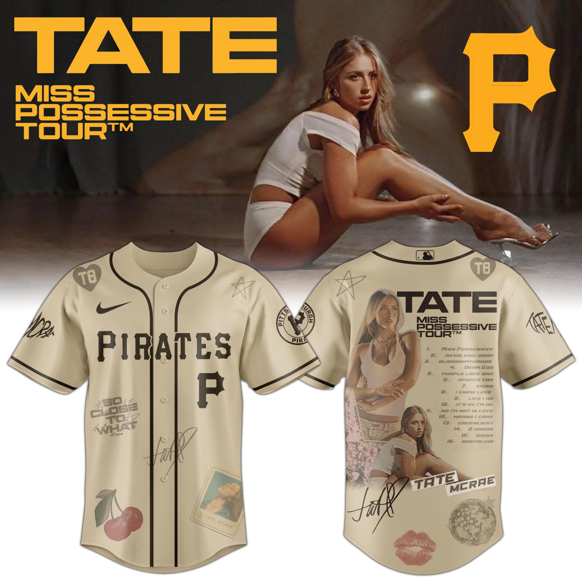 Jerseytrend Pittsburgh Pirates MLB x Tate McRae Miss Possessive Tour Personalized Baseball Jersey For Fans
