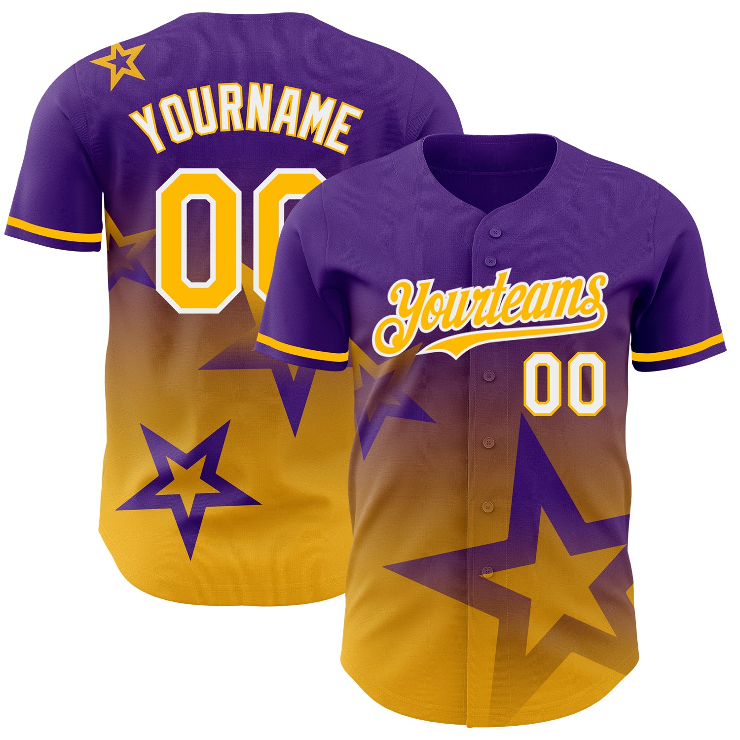 Mckenzieshoponline Purple Gold White 3D Pattern Design Gradient Style Twinkle Star Personalized Baseball Jersey For Fans