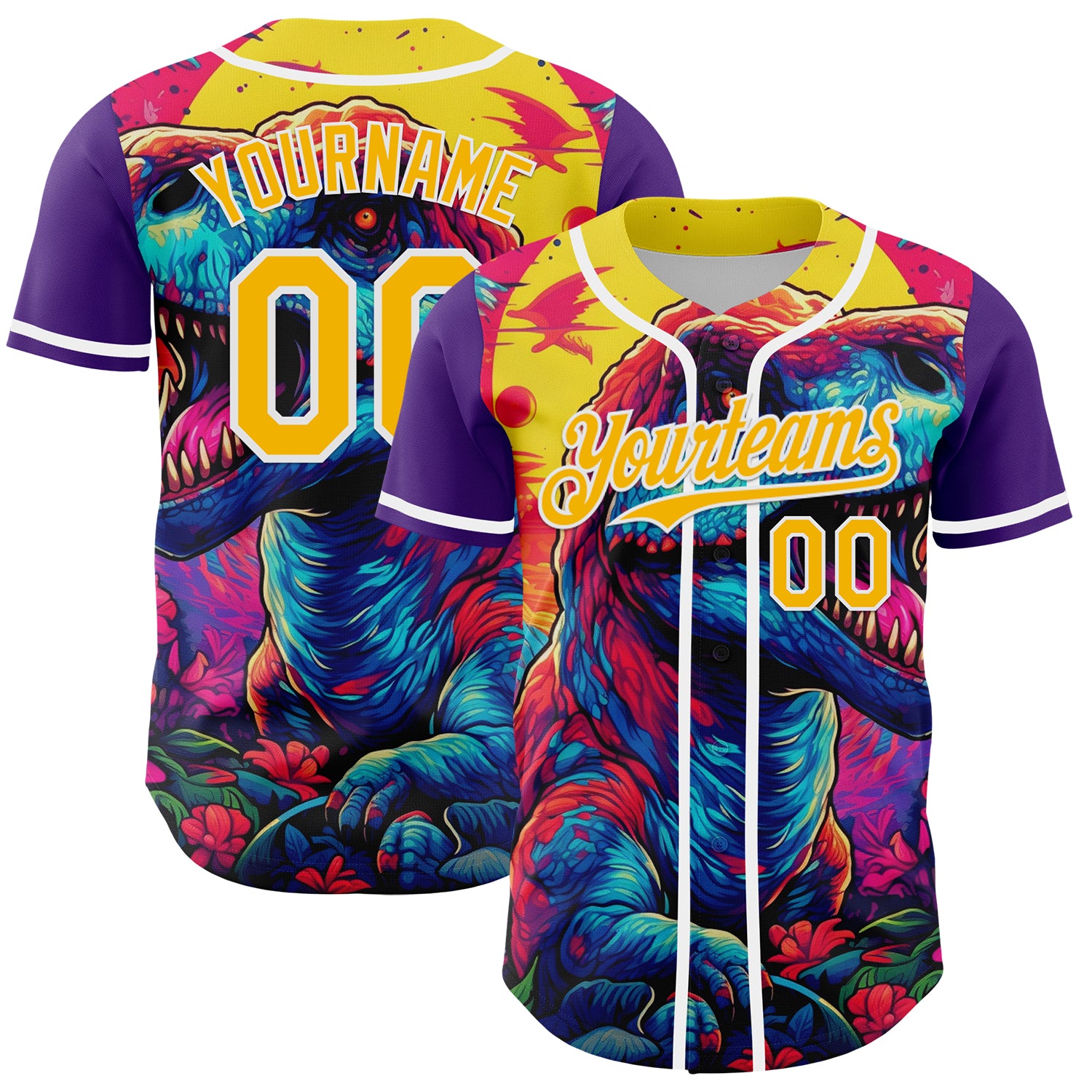 Mckenzieshoponline Purple Gold White 3D Pattern Design Rave T Rex Personalized Baseball Jersey For Fans