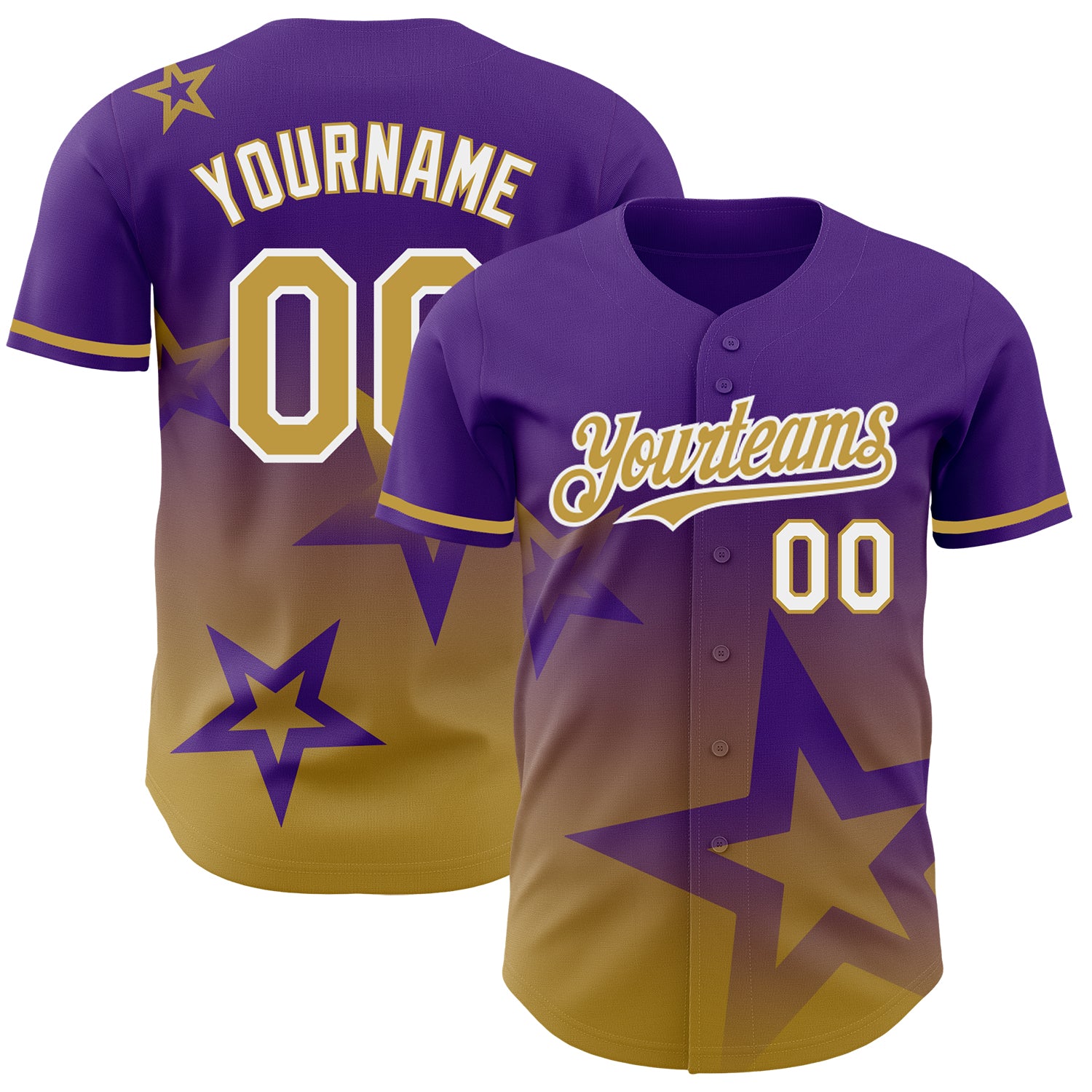Mckenzieshoponline Purple Old Gold White 3D Pattern Design Gradient Style Twinkle Star Personalized Baseball Jersey For Fans