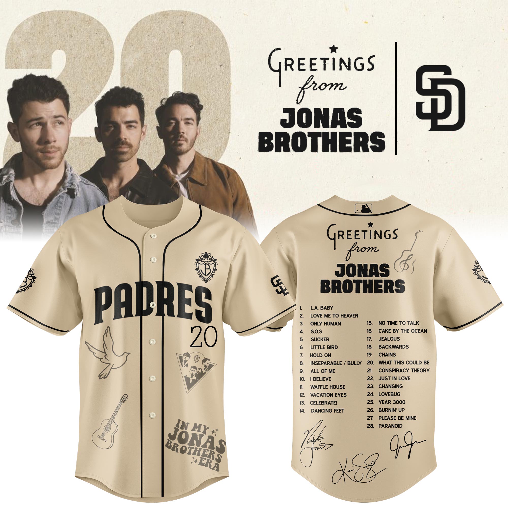 Jerseytrend San Diego Padres MLB x Greetings From Jonas Brothers Personalized Baseball Jersey For Fans