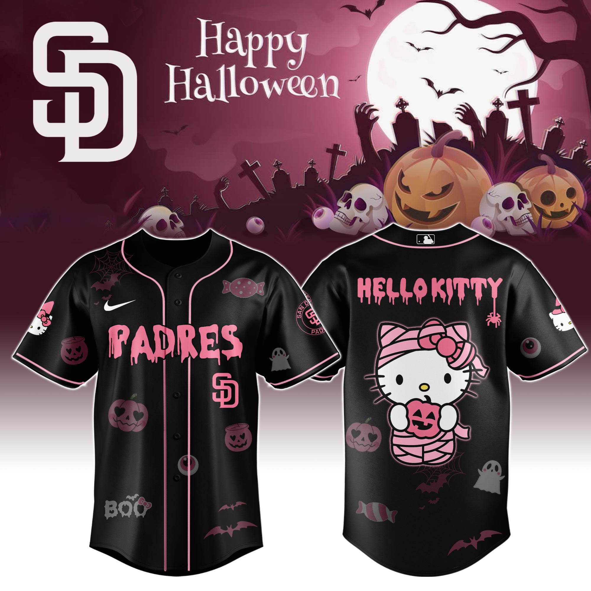 Jerseytrend San Diego Padres MLB x Hello Kitty Cosplay Halloween Baseball Jersey For Fans
