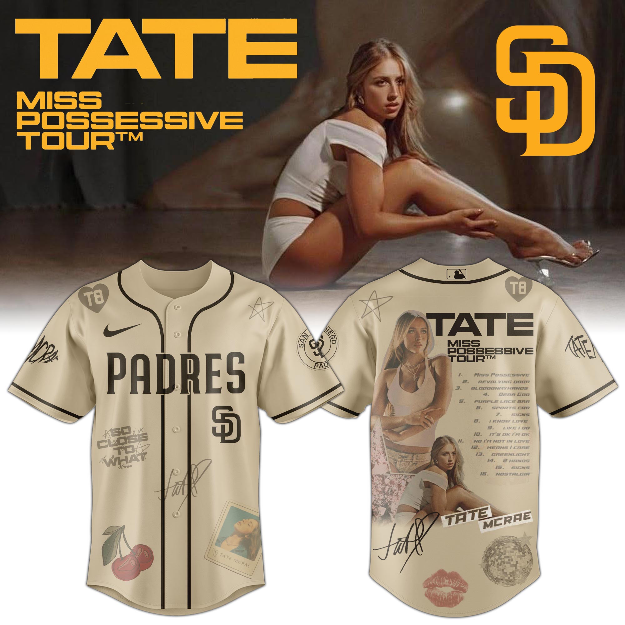 Jerseytrend San Diego Padres MLB x Tate McRae Miss Possessive Tour Personalized Baseball Jersey For Fans