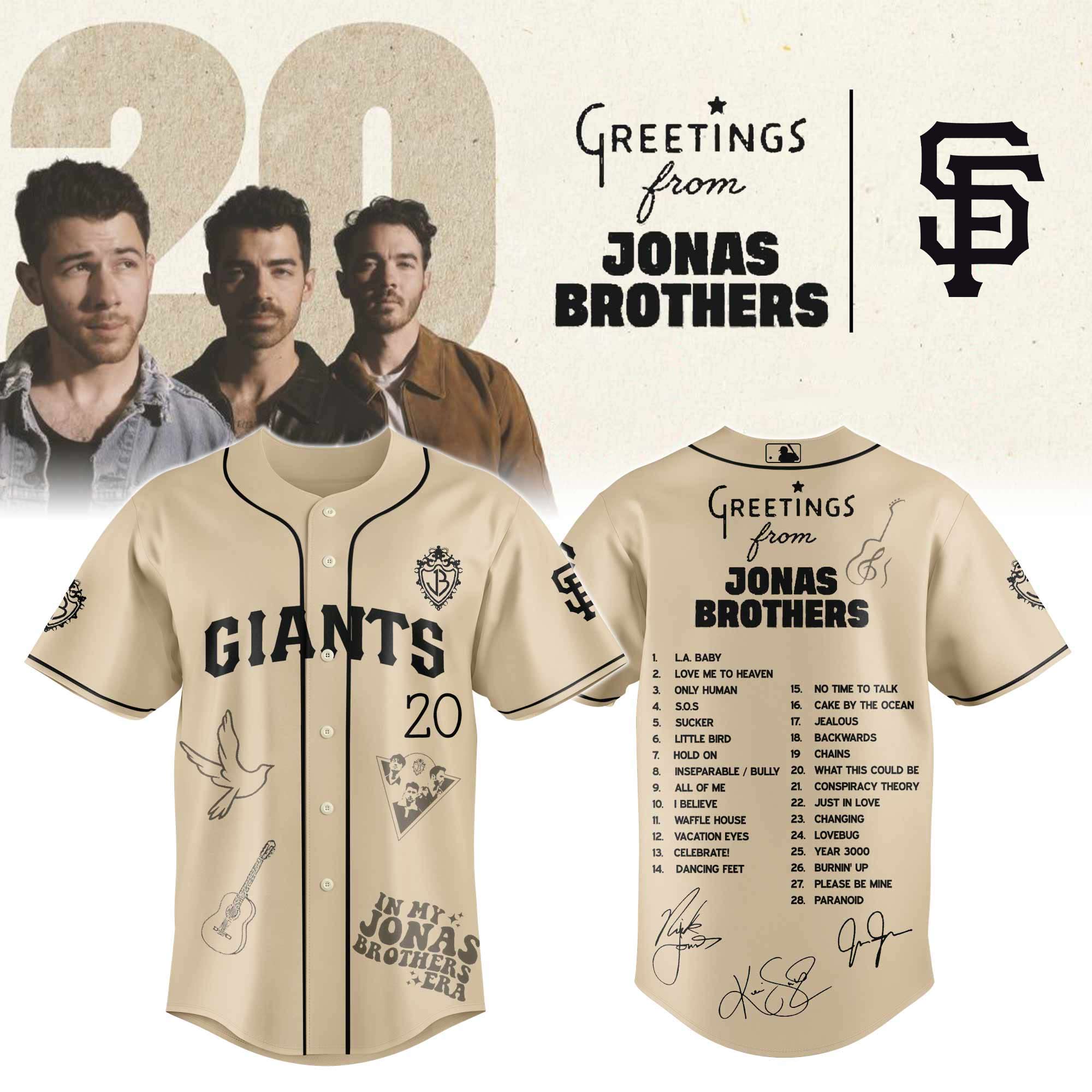 Jerseytrend San Francisco Giants MLB x Greetings From Jonas Brothers Personalized Baseball Jersey For Fans