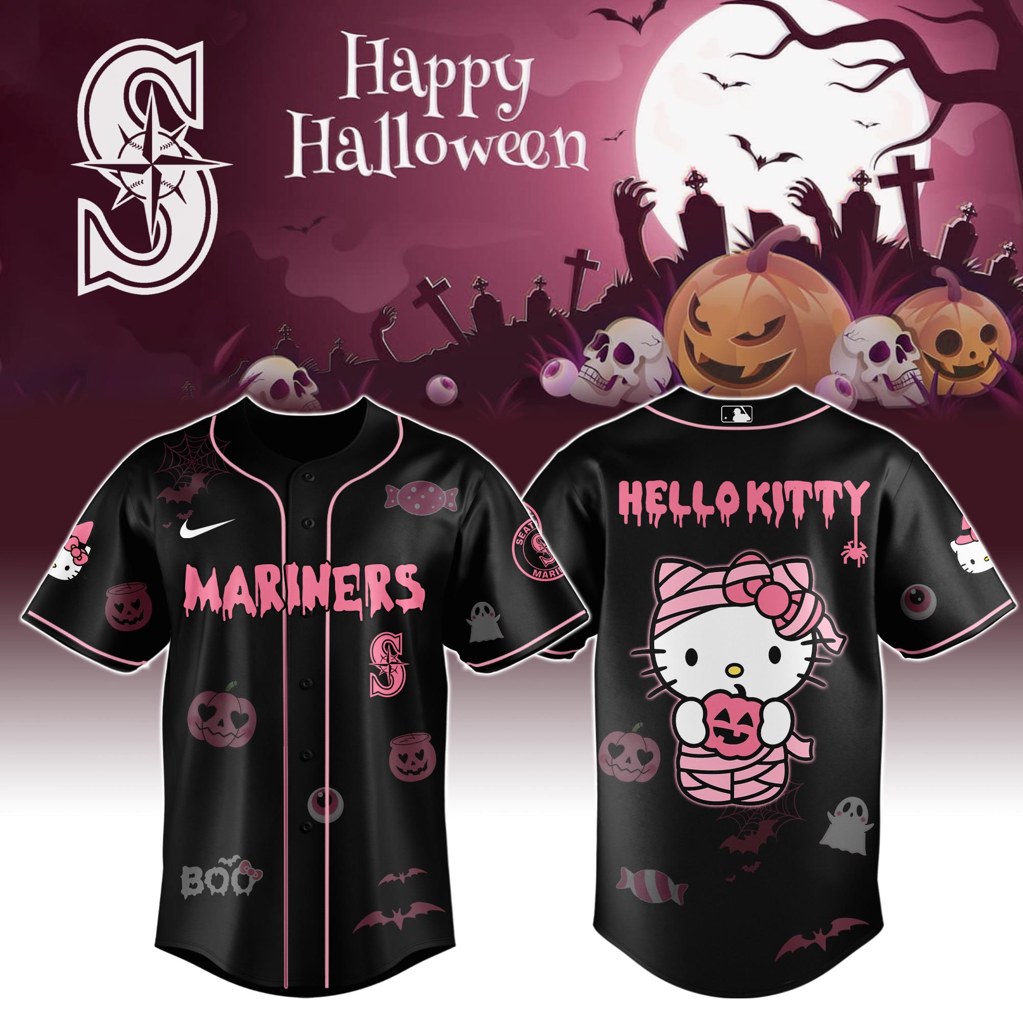 Jerseytrend Seattle Mariners MLB x Hello Kitty Cosplay Halloween Baseball Jersey For Fans