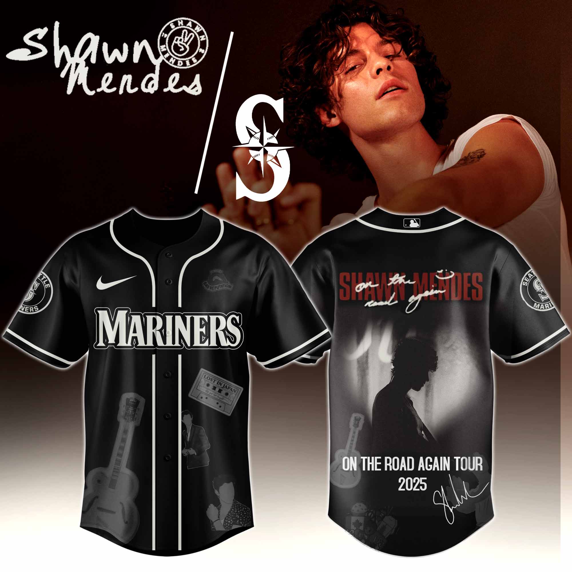 Jerseytrend Seattle Mariners MLB x Shawn Mendes On The Road Again Tour Personalized Baseball Jersey For Fans