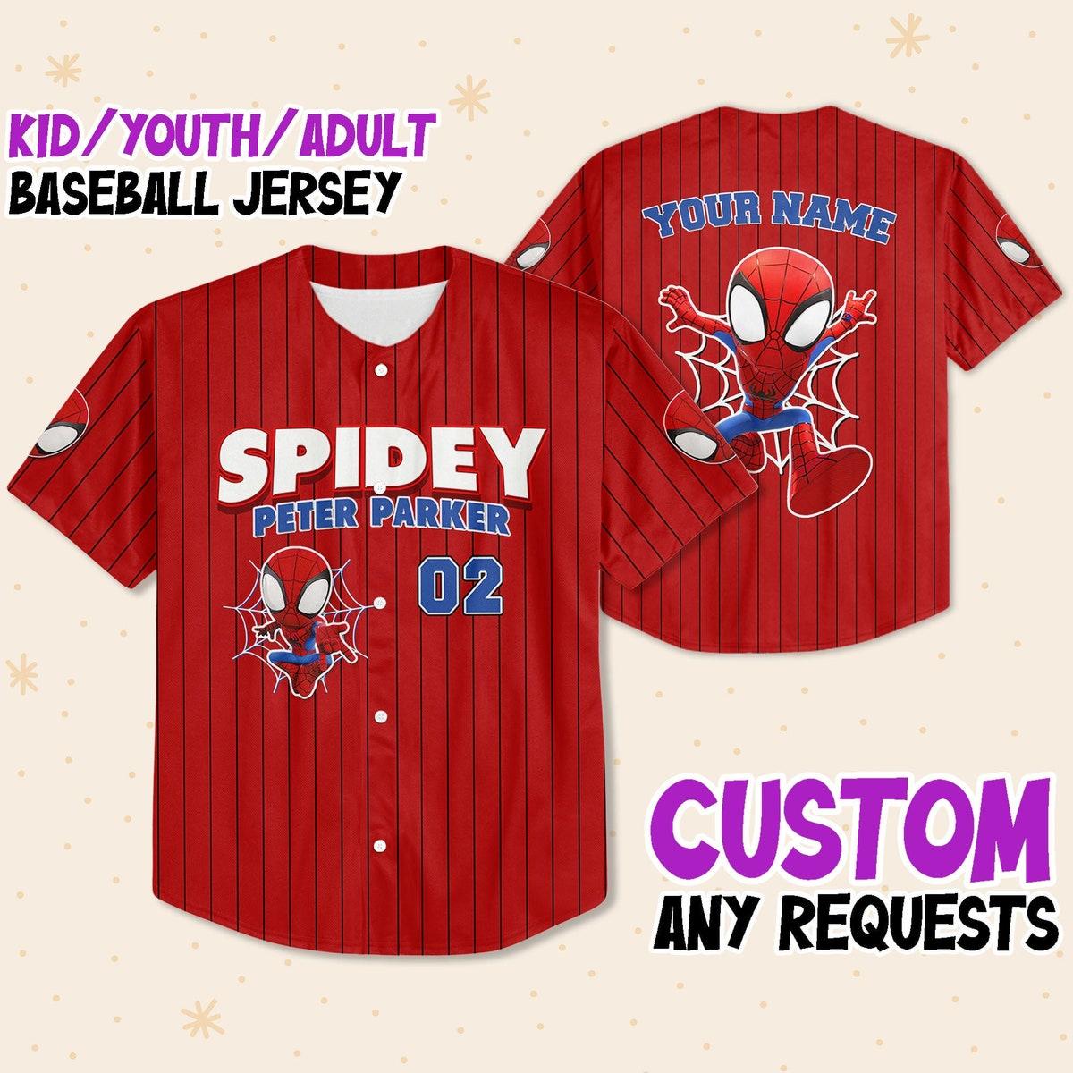 Mckenzieshoponline Spidey Peter Parker Red Black Spider Verse Personalized Baseball Jersey For Fans