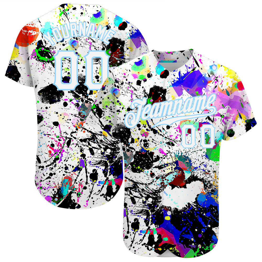 Mckenzieshoponline Splashes Graffiti Pattern White Light Blue 3D Personalized Baseball Jersey For Fans