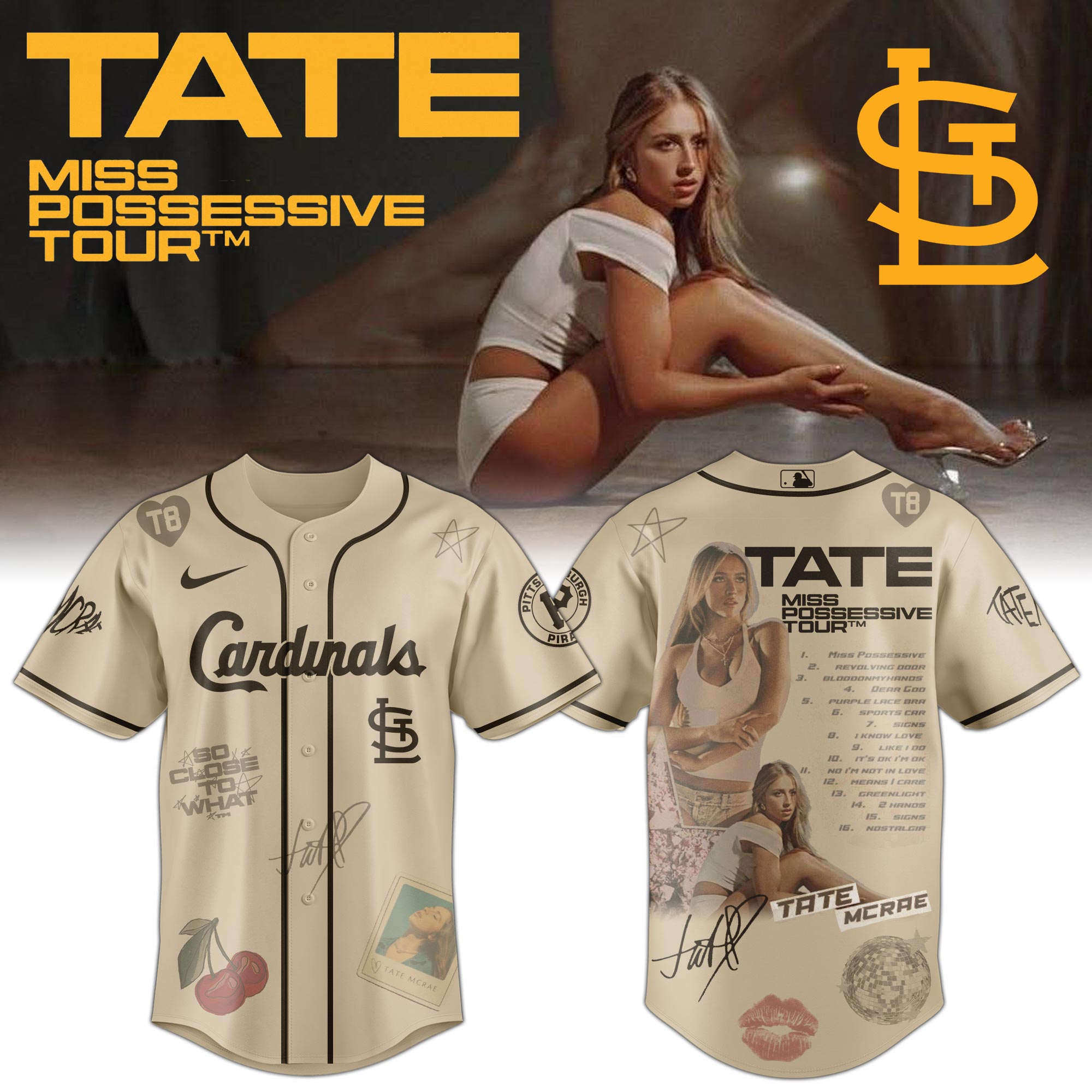 Jerseytrend St. Louis Cardinals MLB x Tate McRae Miss Possessive Tour Personalized Baseball Jersey For Fans