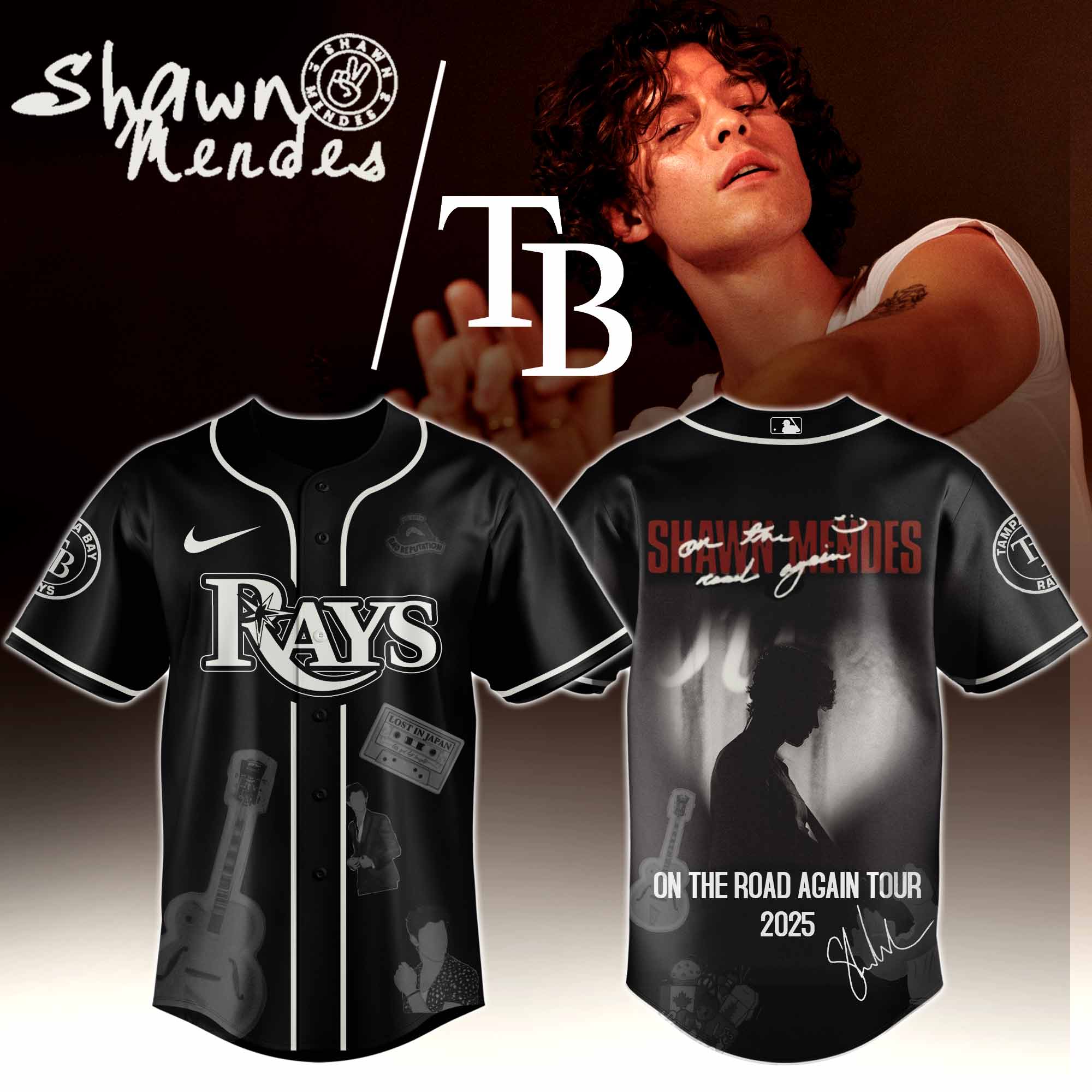 Jerseytrend Tampa Bay Rays MLB x Shawn Mendes On The Road Again Tour Personalized Baseball Jersey For Fans