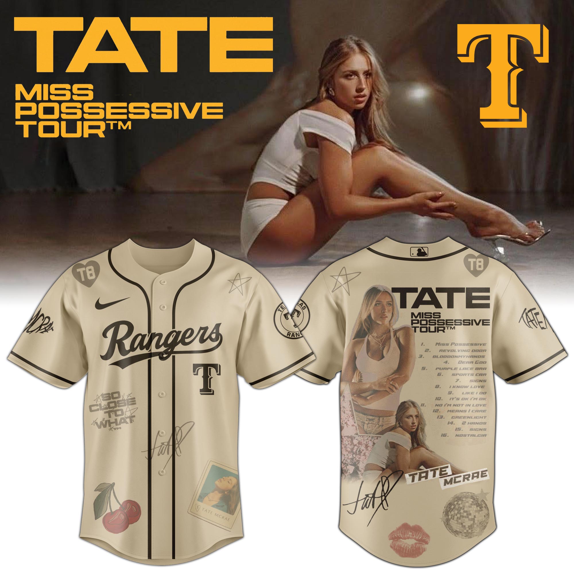 Jerseytrend Texas Rangers MLB x Tate McRae Miss Possessive Tour Personalized Baseball Jersey For Fans