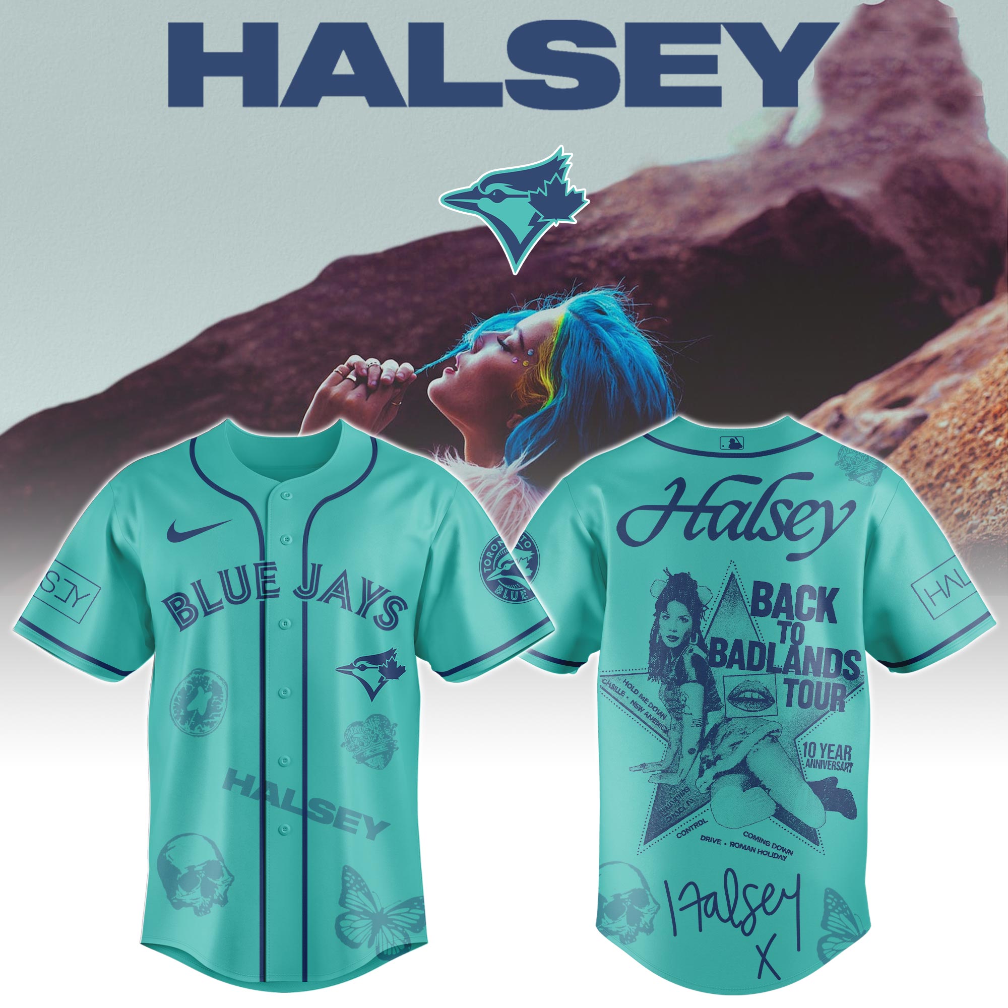 Mckenzieshoponline Toronto Blue Jays MLB x Halsey Back to Badlands Tour Personalized Baseball Jersey For Fans