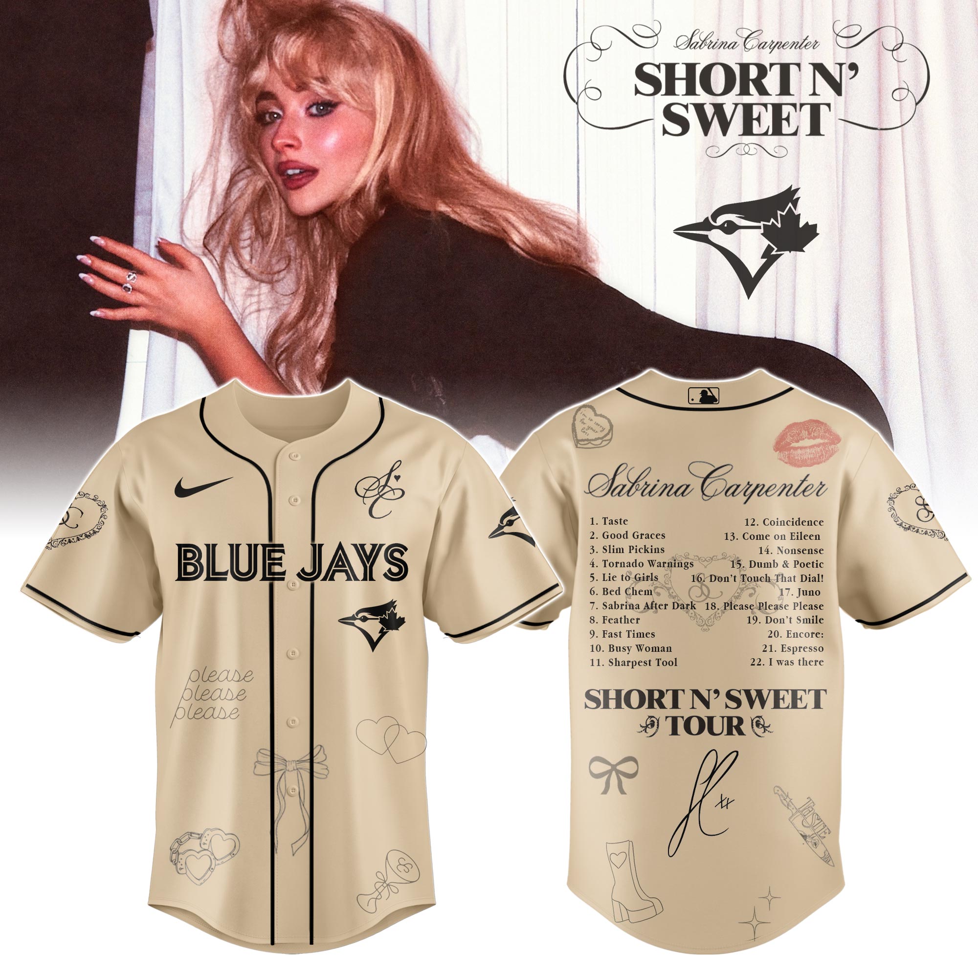 Mckenzieshoponline Toronto Blue Jays MLB x Sabrina Carpenter Short n' Sweet Tour Personalized Baseball Jersey For Fans