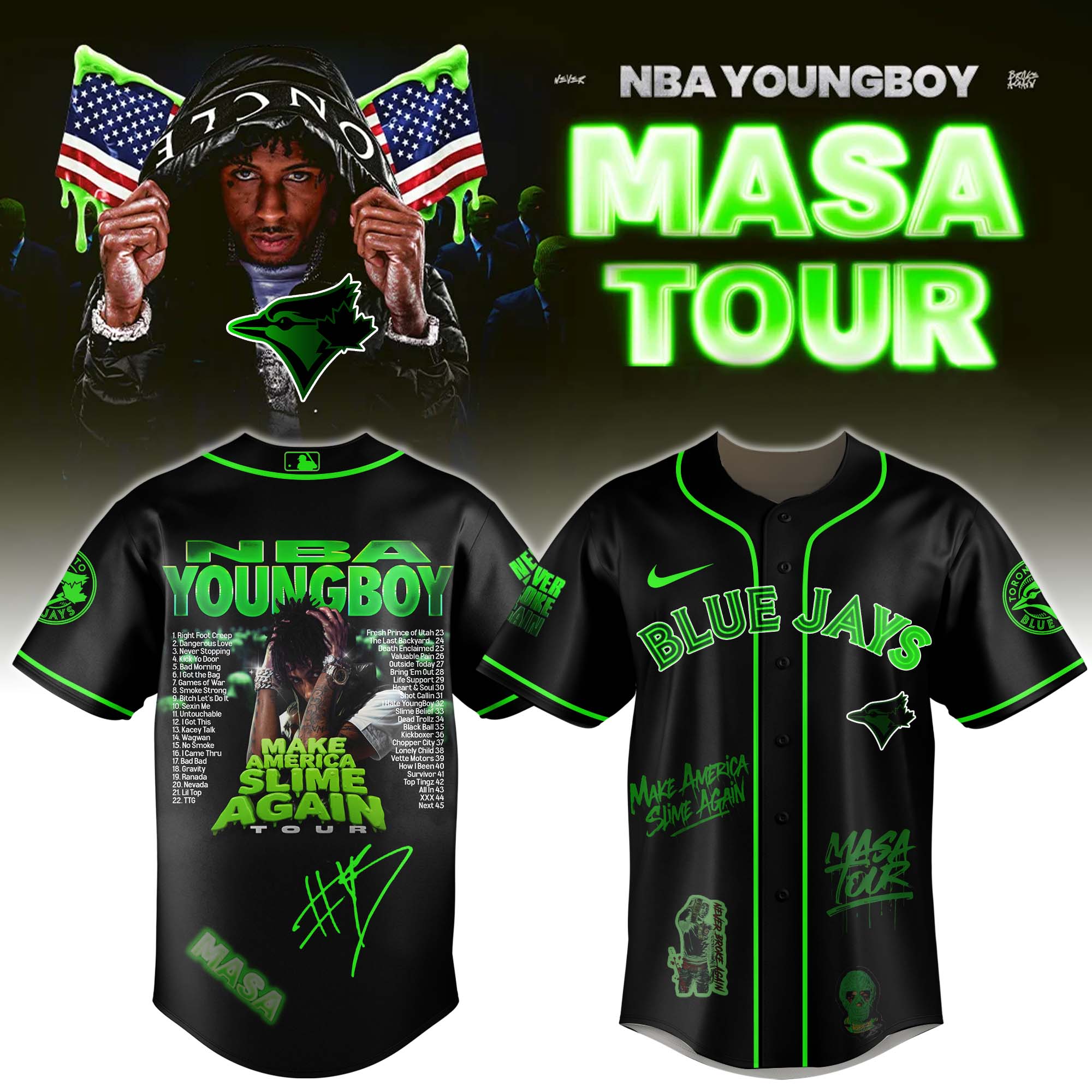 Jerseytrend Toronto Blue Jays MLB x YoungBoy Never Broke Again Make America Slime Again Tour Personalized Baseball Jersey For Fans