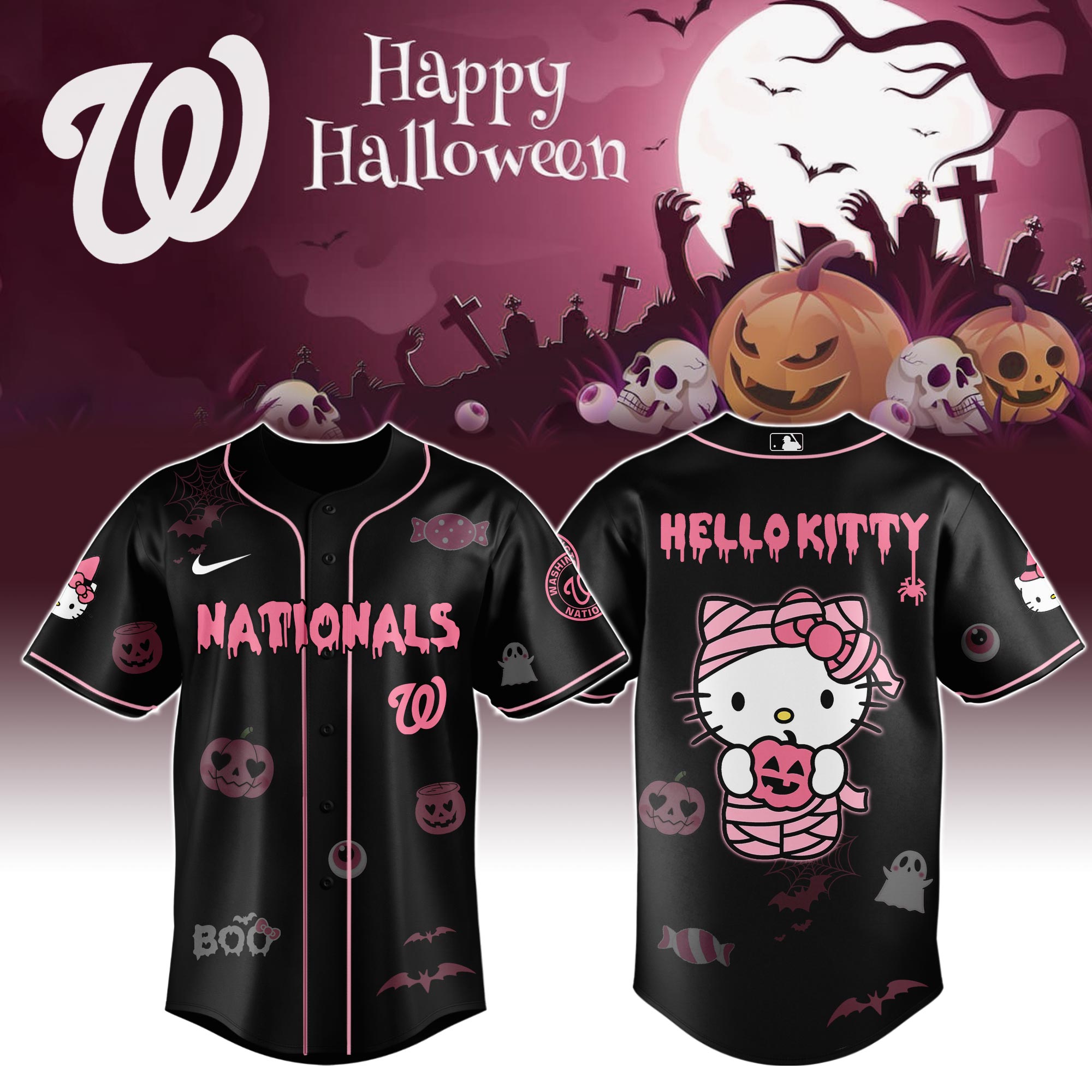 Jerseytrend Washington Nationals MLB x Hello Kitty Cosplay Halloween Baseball Jersey For Fans