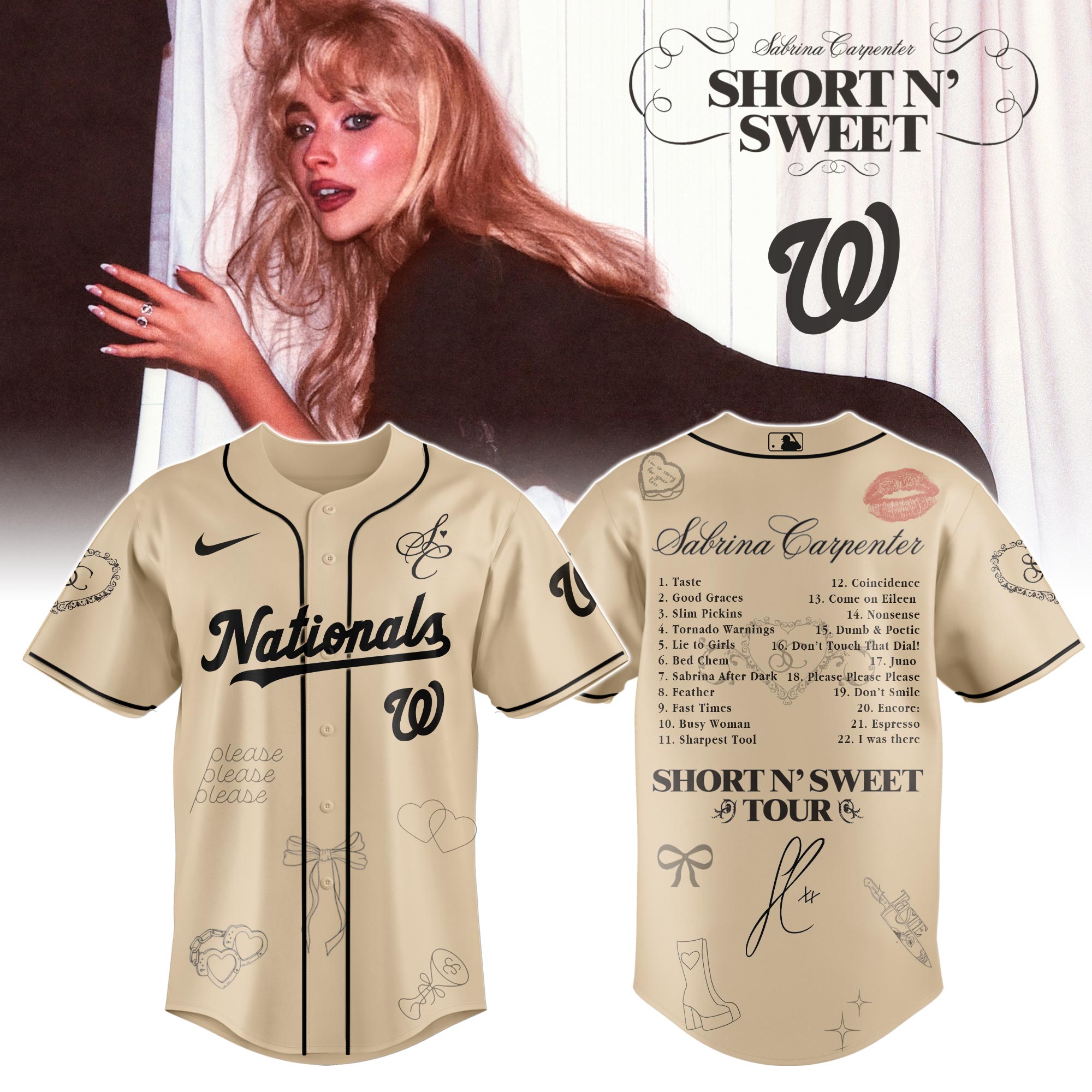 Mckenzieshoponline Washington Nationals MLB x Sabrina Carpenter Short n' Sweet Tour Personalized Baseball Jersey For Fans
