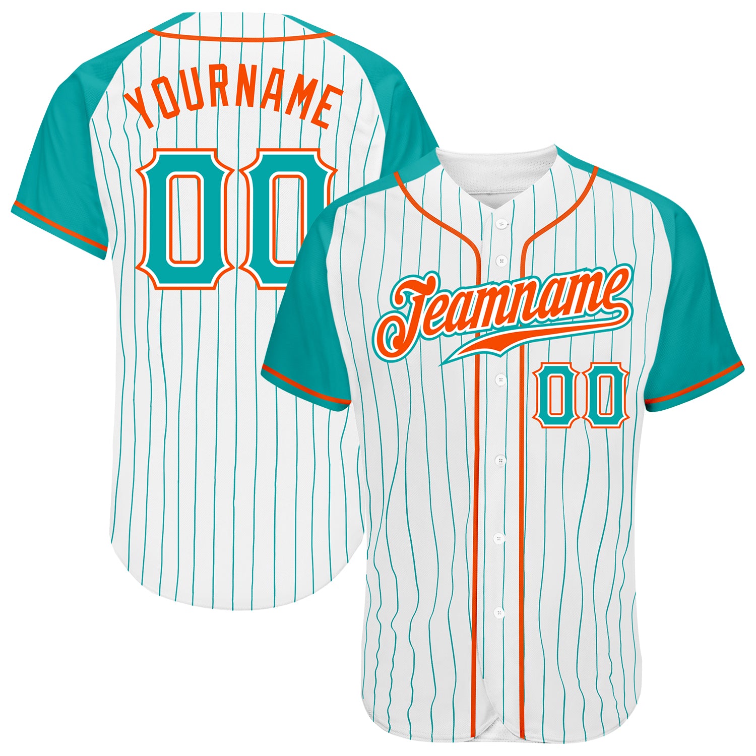 Mckenzieshoponline White Aqua Pinstripe Aqua Orange Raglan Sleeves Personalized Baseball Jersey For Fans