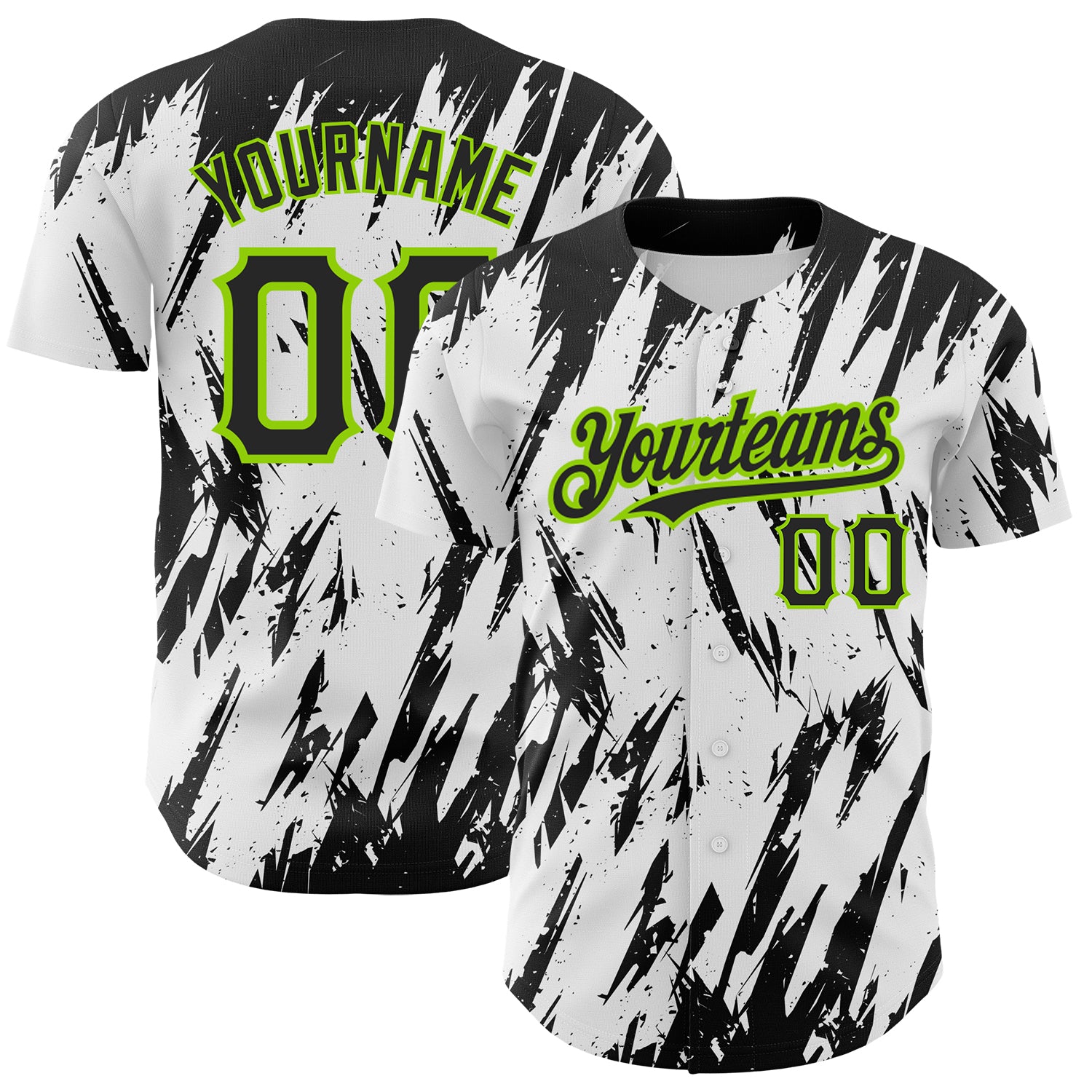 Jerseytrend White Black Neon Green 3D Pattern Design Abstract Sharp Shape Personalized Baseball Jersey For Fans
