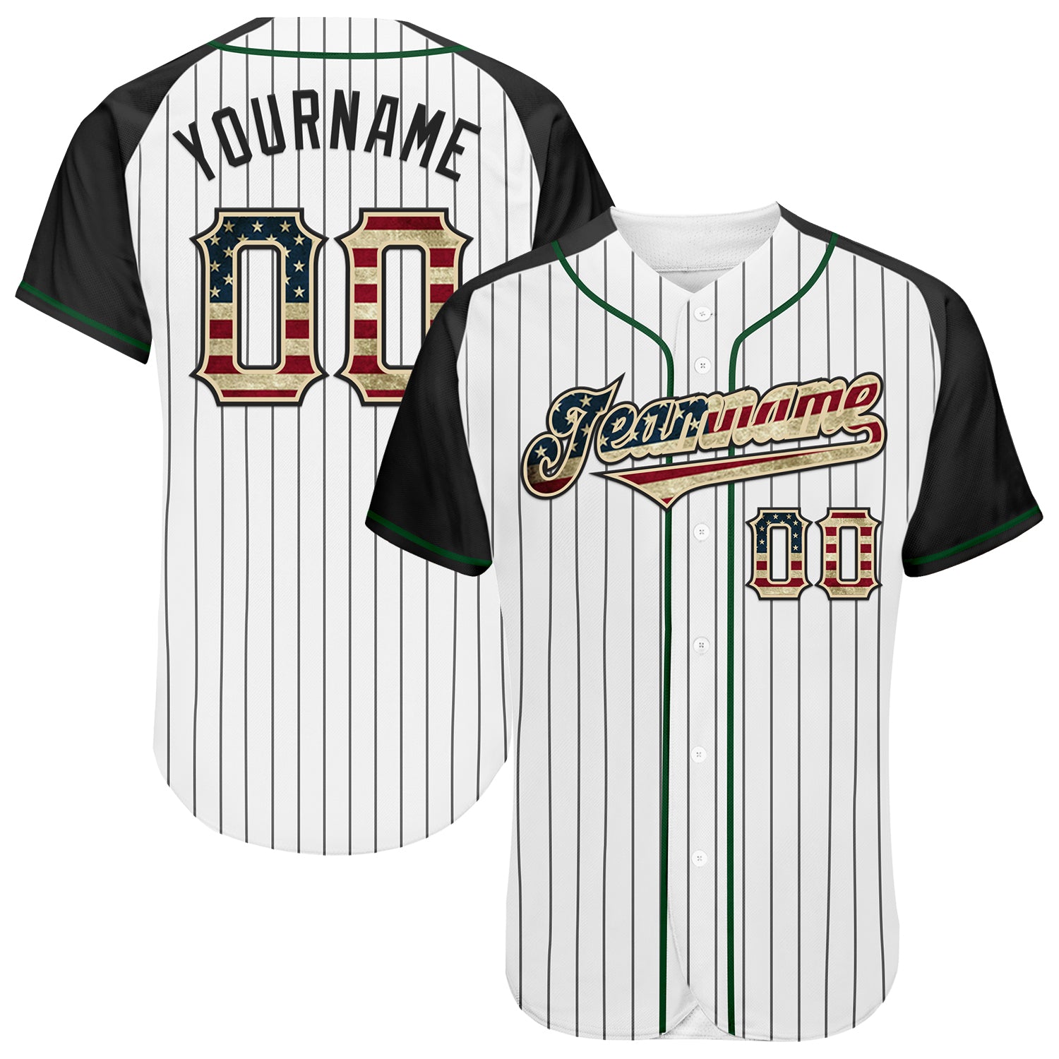 Mckenzieshoponline White Black Pinstripe Vintage USA Flag Cream Green Raglan Sleeves Personalized Baseball Jersey For Fans