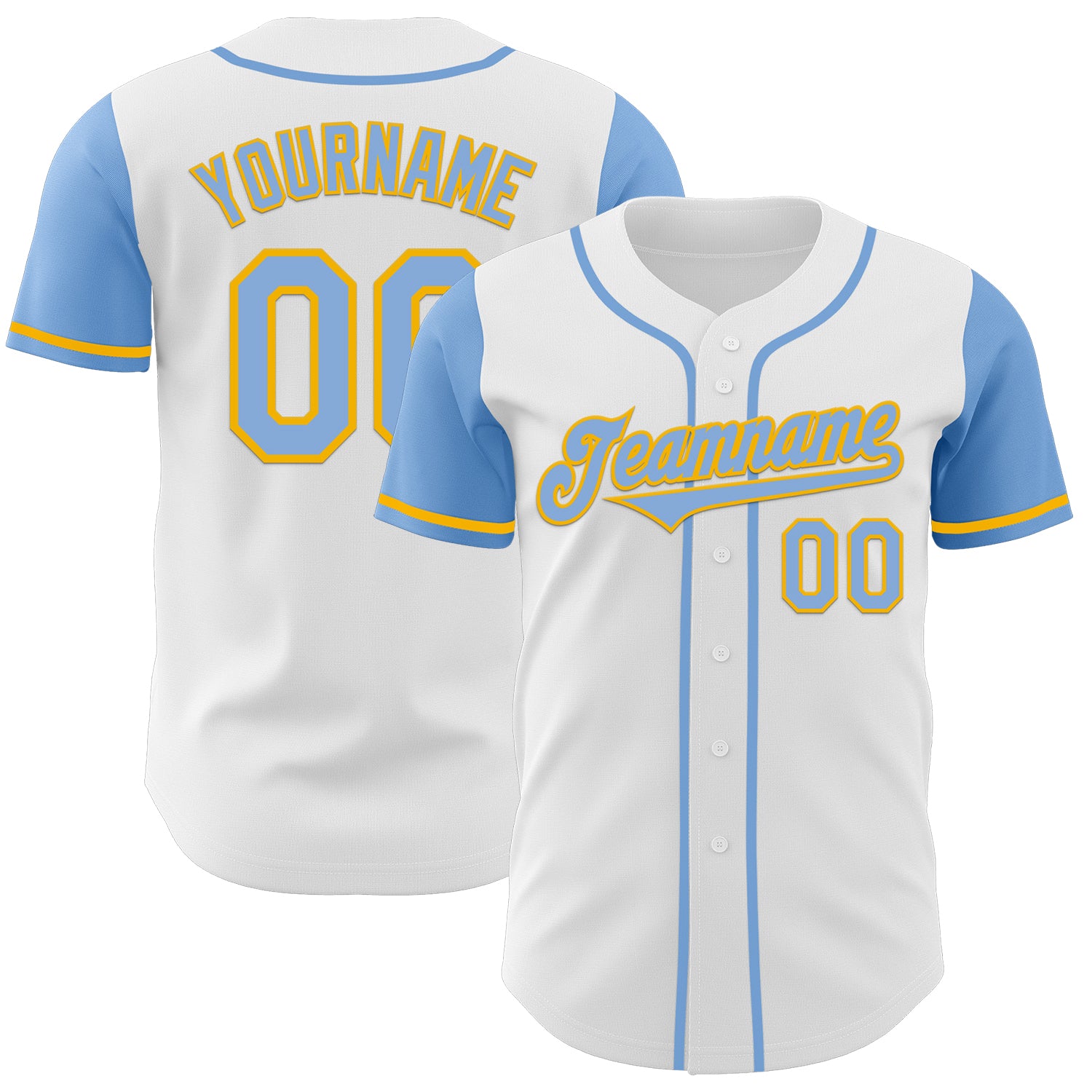 Mckenzieshoponline White Light Blue Gold Two Tone Personalized Baseball Jersey For Fans
