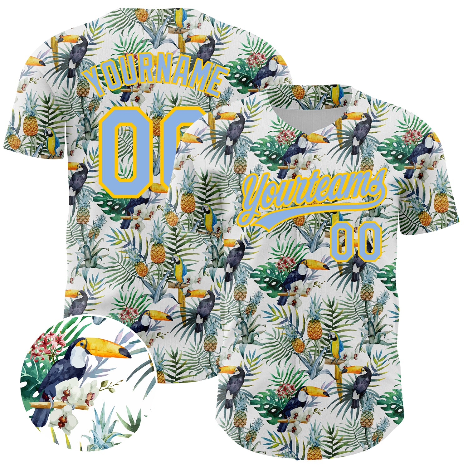 Mckenzieshoponline White Light Blue Yellow 3D Pattern Design Animal Toucan And Tropical Hawaii Palm Leaves Personalized Baseball Jersey For Fans