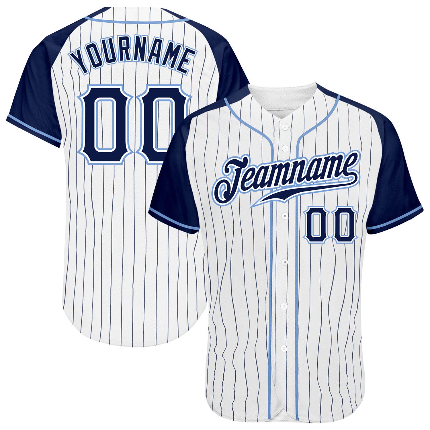 Jerseytrend White Navy Pinstripe Navy Light Blue Raglan Sleeves Personalized Baseball Jersey For Fans