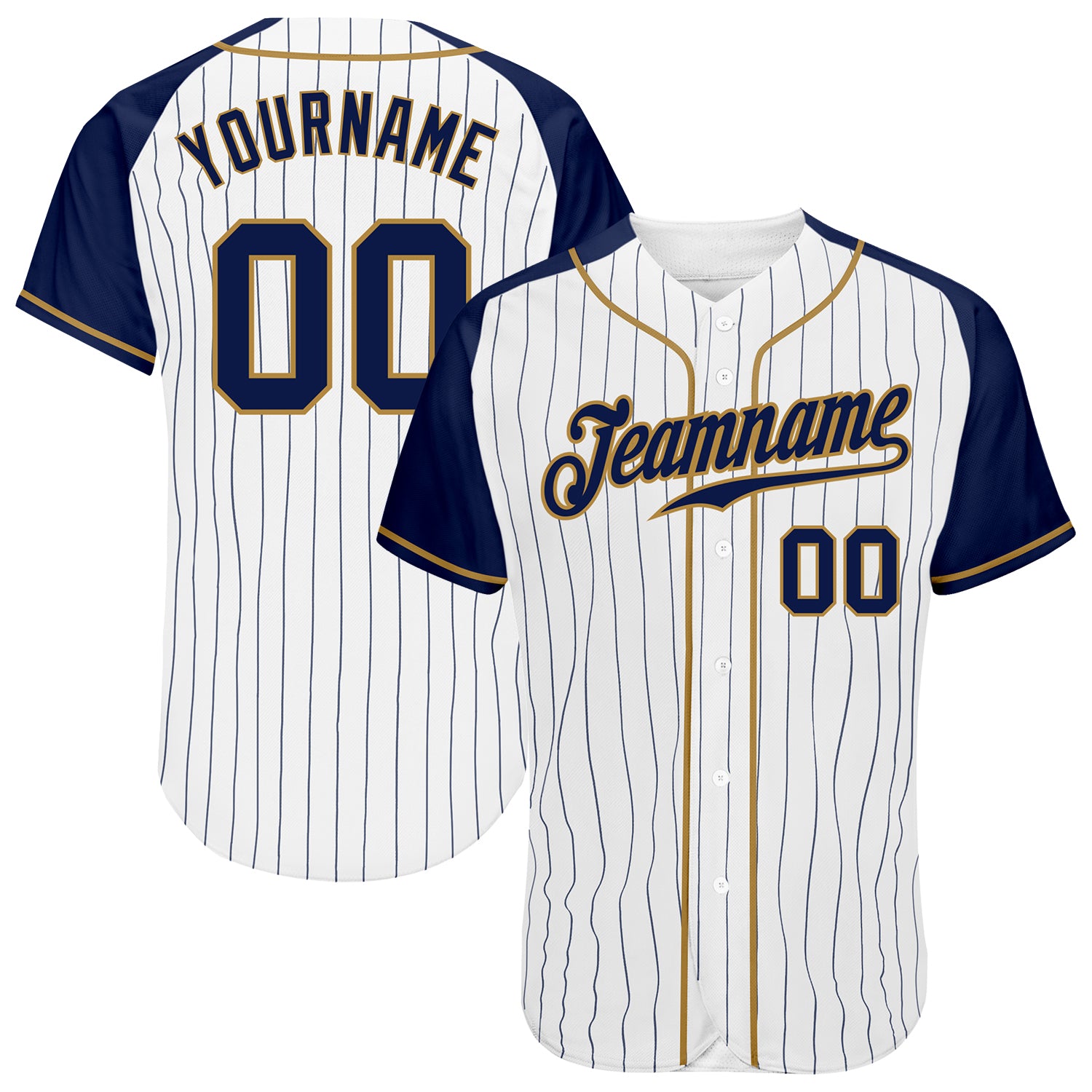 Jerseytrend White Navy Pinstripe Navy Old Gold Raglan Sleeves Personalized Baseball Jersey For Fans