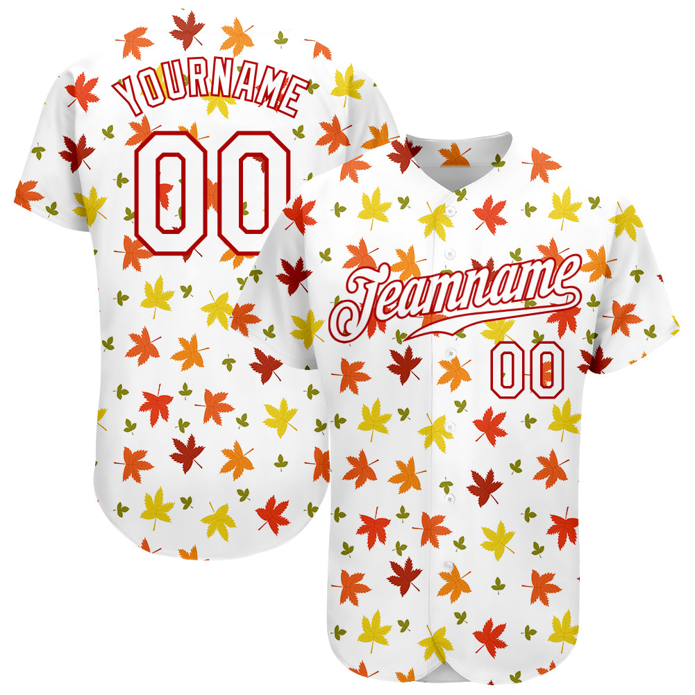 Mckenzieshoponline White White Red 3D Pattern Design Autumn Leaves Personalized Baseball Jersey For Fans