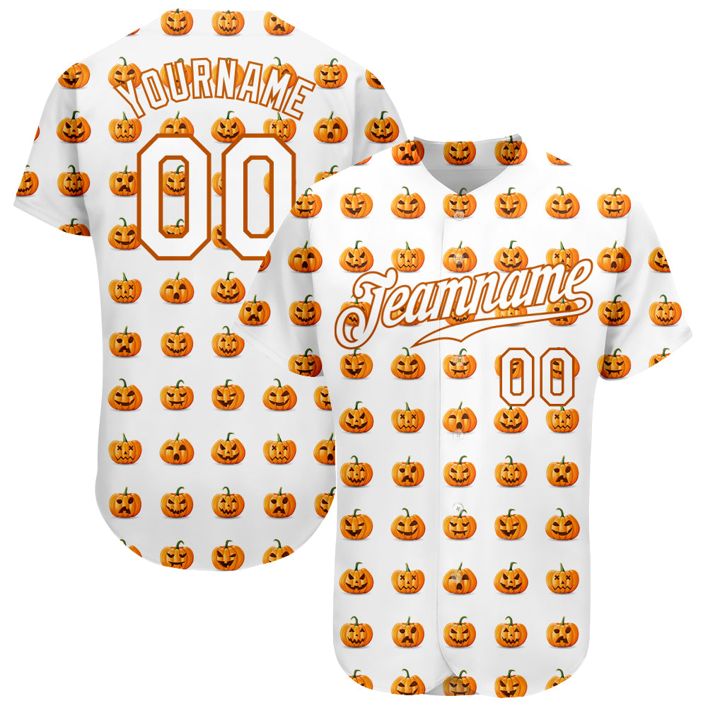 Jerseytrend White White Texas Orange 3D Pattern Design Halloween Pumpkins Funny Faces Personalized Baseball Jersey For Fans