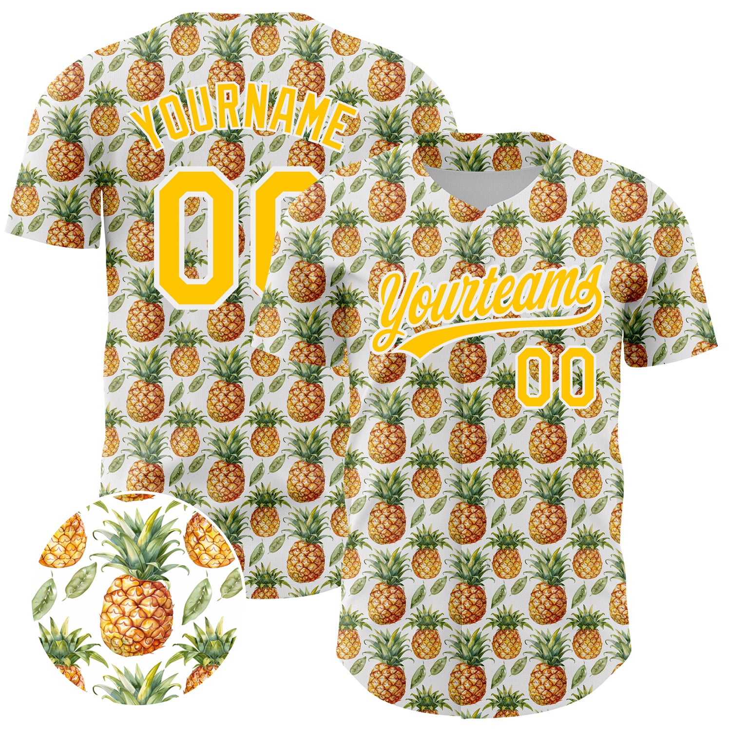 Mckenzieshoponline White Yellow 3D Pattern Design Fruit Pineapple Personalized Baseball Jersey For Fans