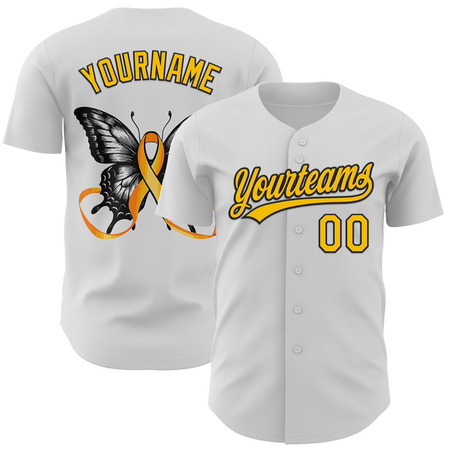 Mckenzieshoponline White Yellow Black 3D Childhood Cancer Gold Ribbon Personalized Baseball Jersey For Fans