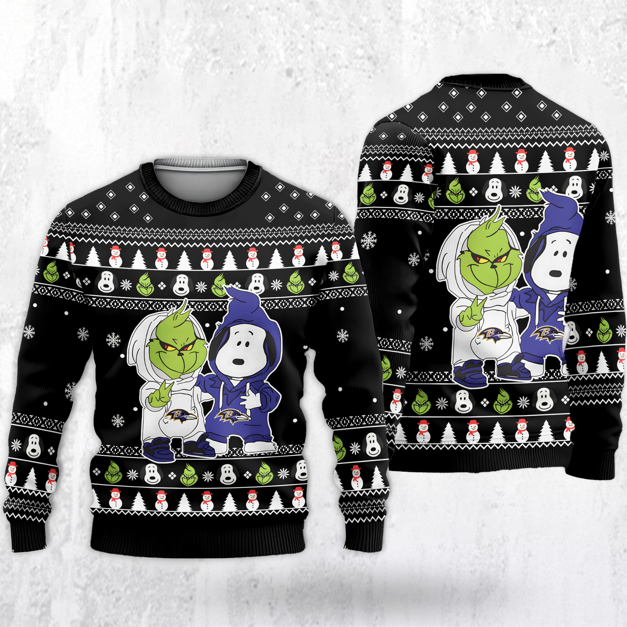 Baltimore Ravens - Grinch And Snoopy Ugly Christmas Sweater