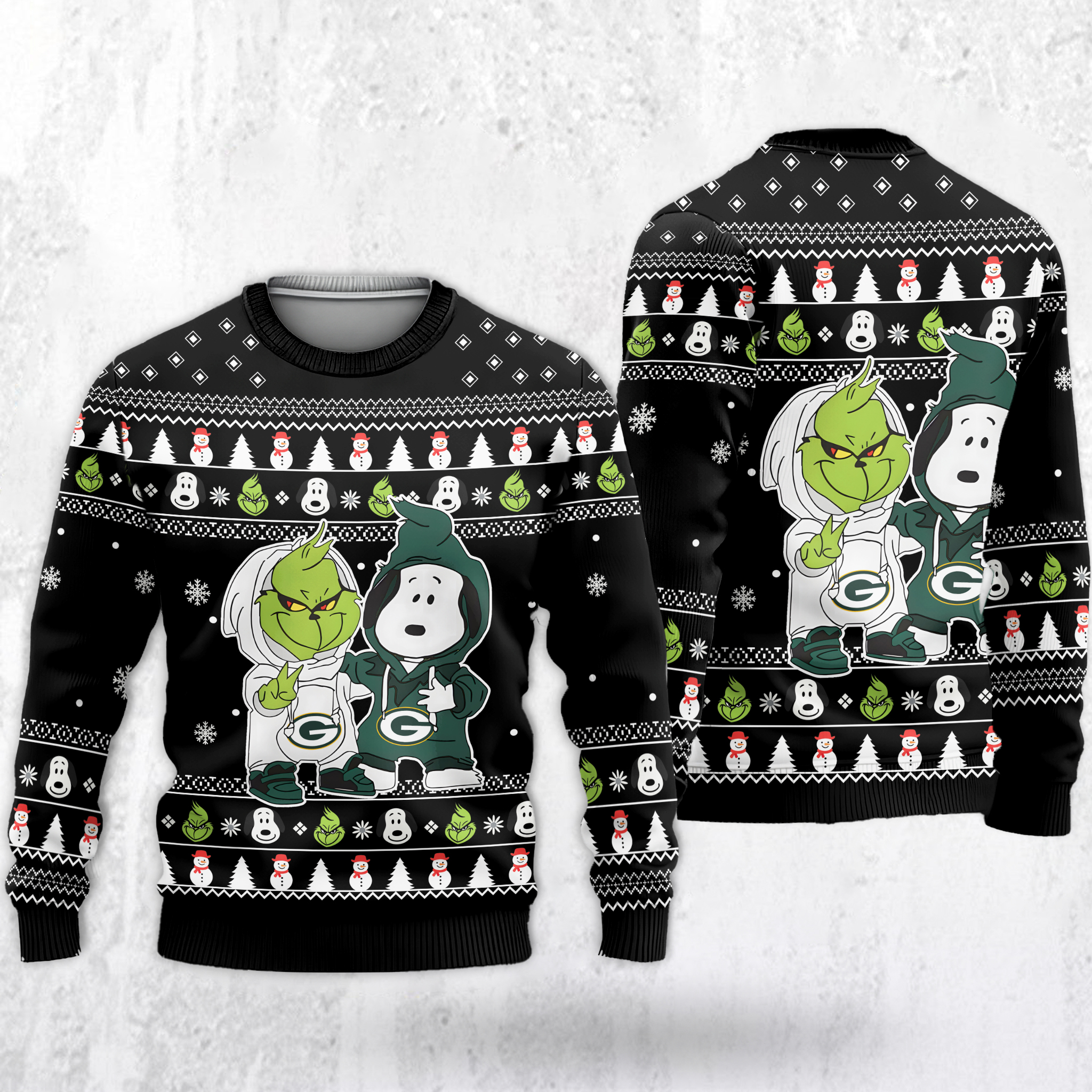 Green Bay Packers - Grinch And Snoopy Ugly Christmas Sweater