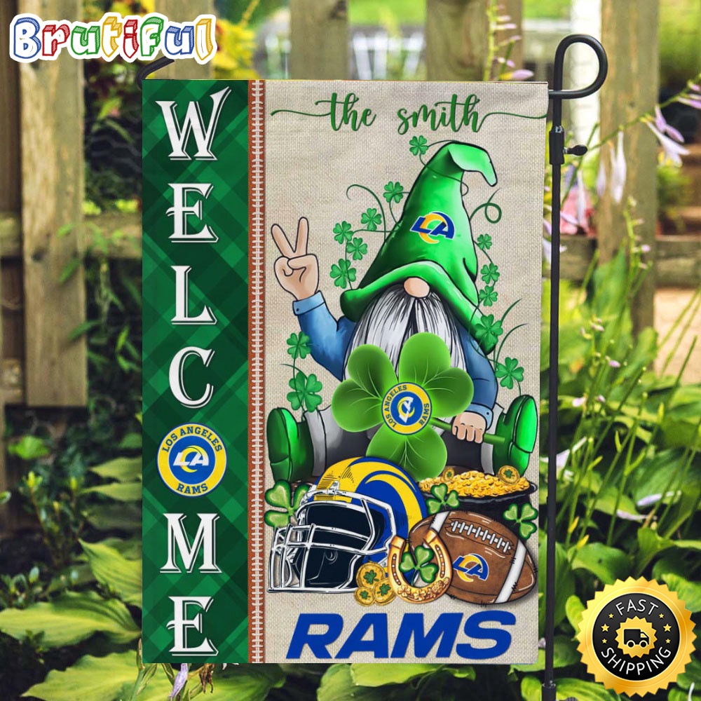 NFL Los Angeles Rams Garden Flag St Patricks Day Gnome Shamrock Welcome Garden Flag