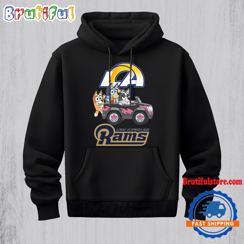 NFL Los Angeles Rams Special Bluey Bingo And Muffin In The Car Hoodie, Football Bluey 2D Shirt