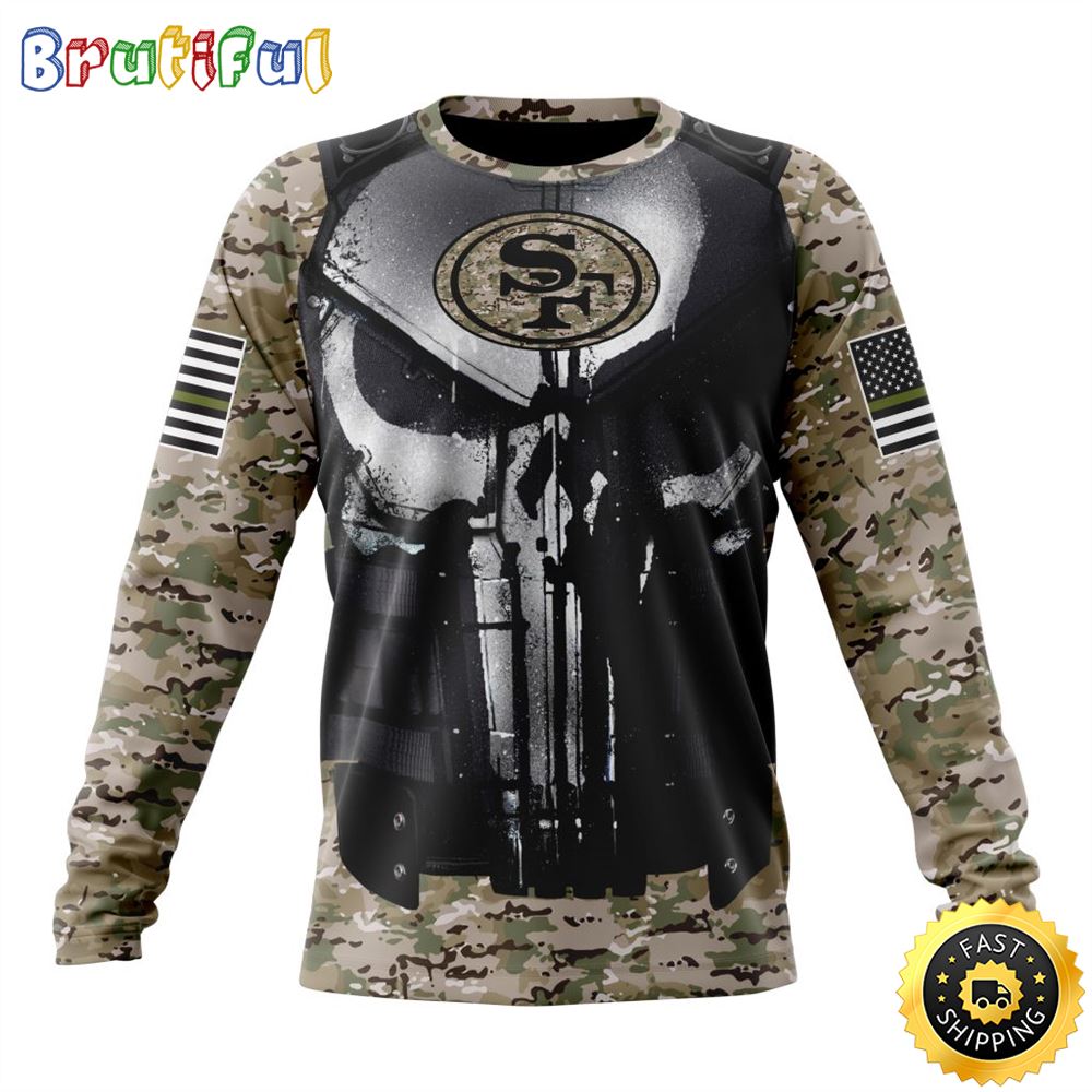 NFL San Francisco 49ers Crewneck Sweatshirt Punisher Skull Camo Veteran Kits Represent Your Team
