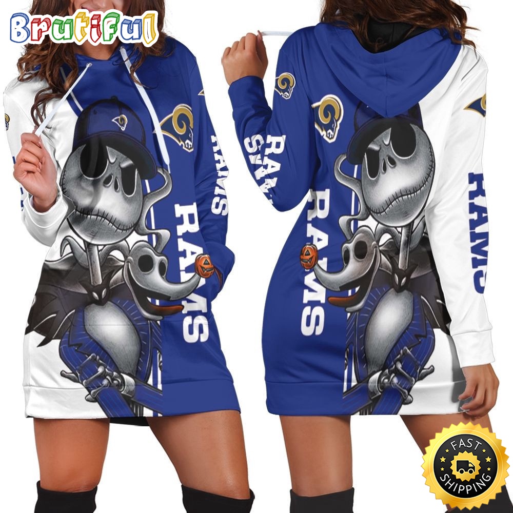 NFL Los Angeles Rams Hoodie Dress Jack Skellington And Zero All Over Print Hoodie Women