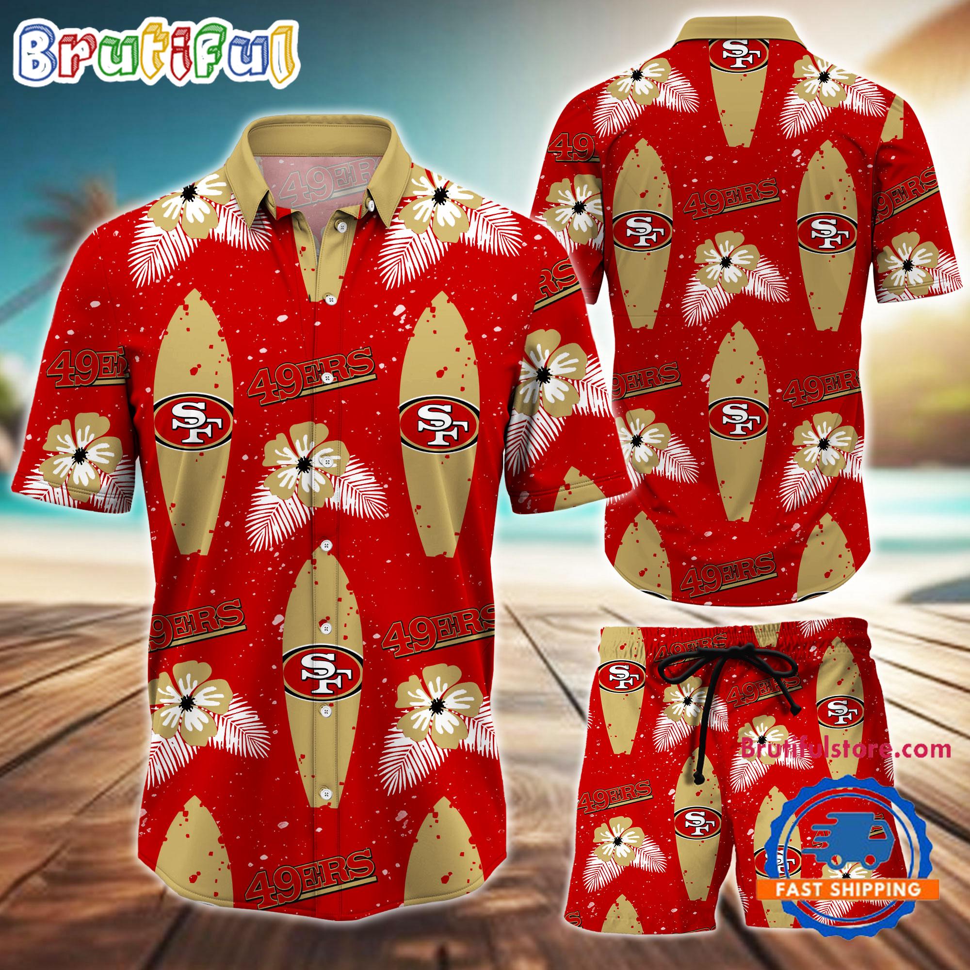 NFL San Francisco 49ers Flower Pattern Hawaiian Shirt And Shorts, Football Summer Hawaiian Set