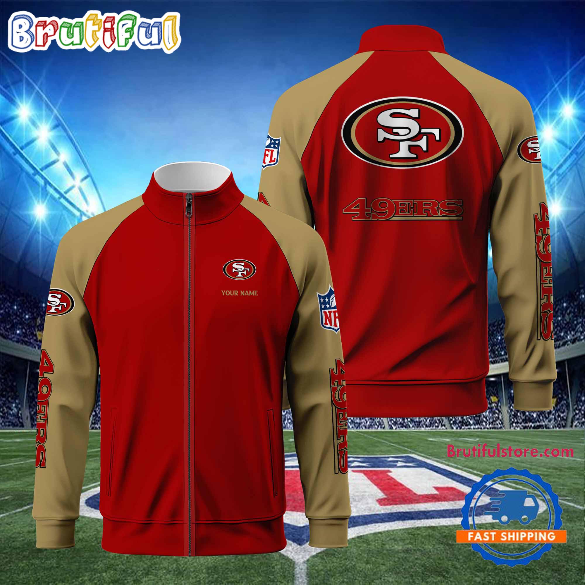 NFL San Francisco 49ers Football Team Custom Name Standing Neck Zipper Jacket