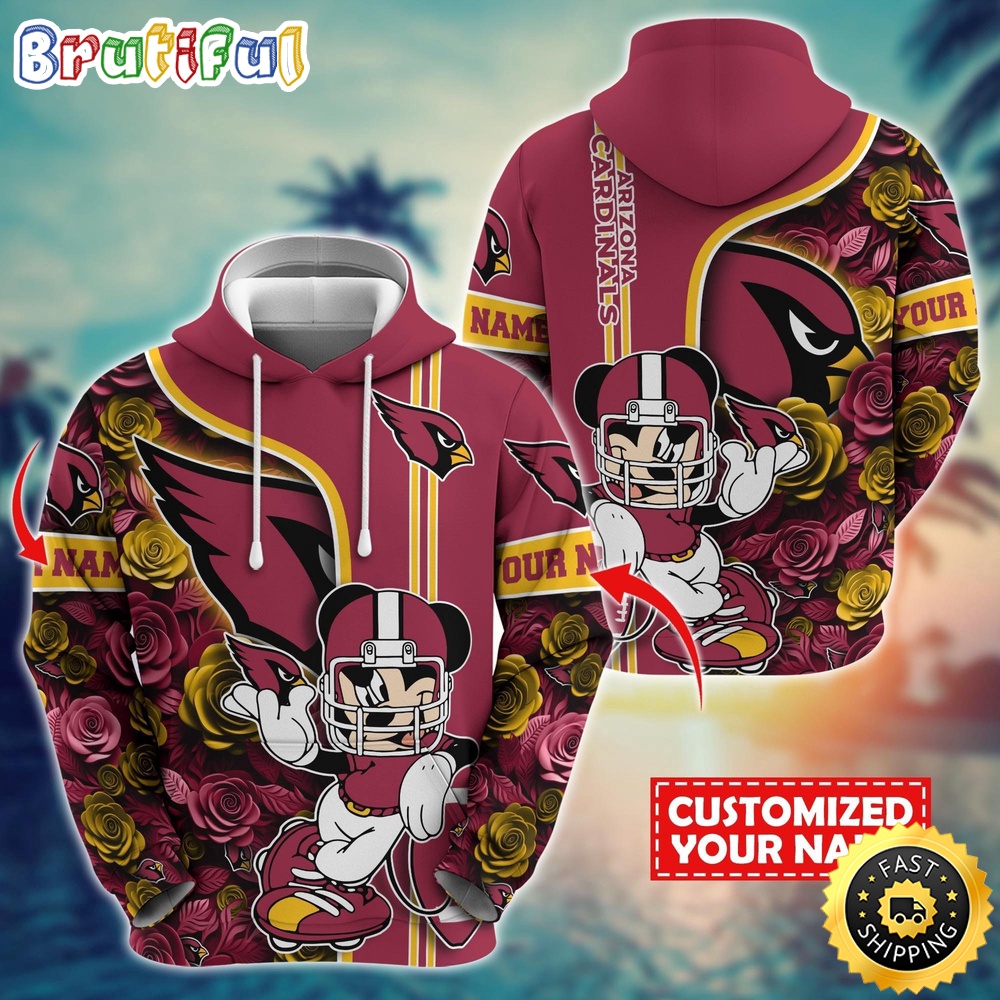 Personalized NFL Arizona Cardinals Hoodie Mickey Mouse Flower 3D Print Hoodie