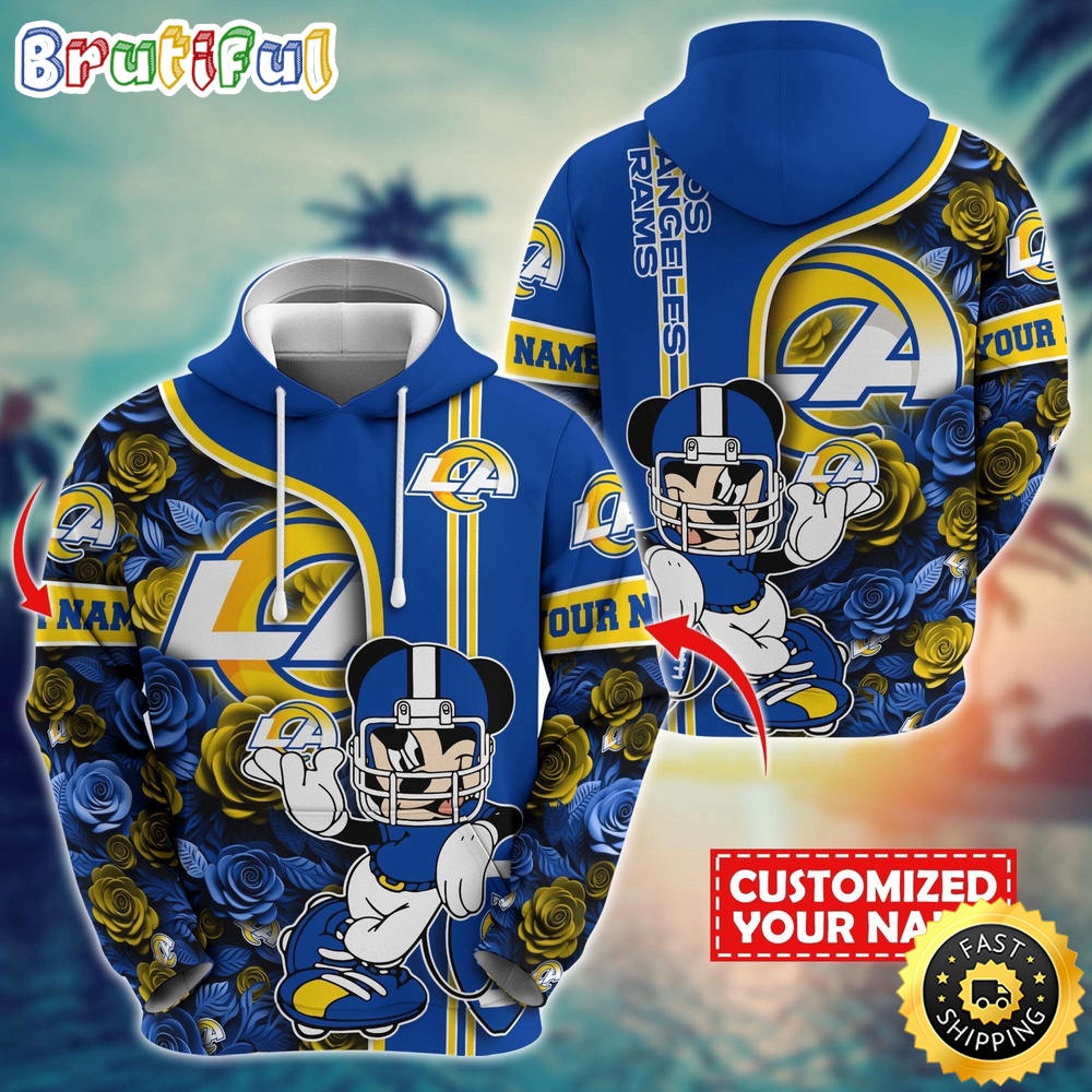 Personalized NFL Los Angeles Rams Hoodie Mickey Mouse Flower 3D Print Hoodie