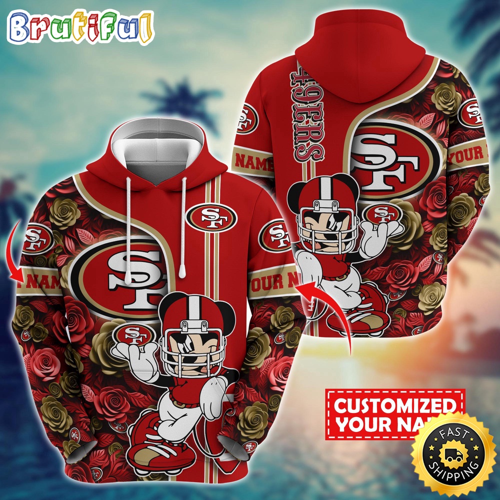 Personalized NFL San Francisco 49ers Hoodie Mickey Mouse Flower 3D Print Hoodie