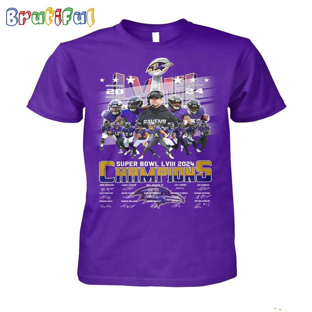 Baltimore Ravens Super Bowl LVIII 2024 Champions Signatures T-Shirt