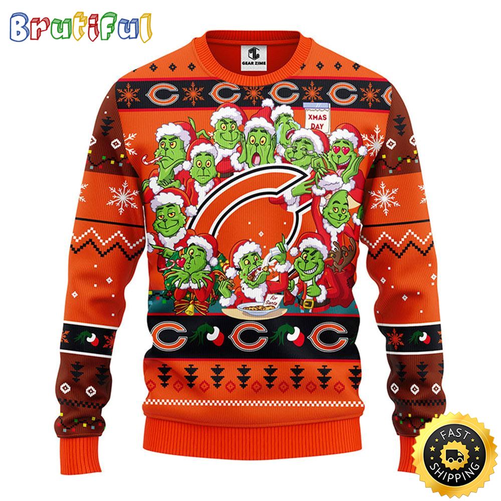 Chicago Bears Christmas Ugly Sweater Print 12 Grinch Xmas Day Show Your Team Spirit