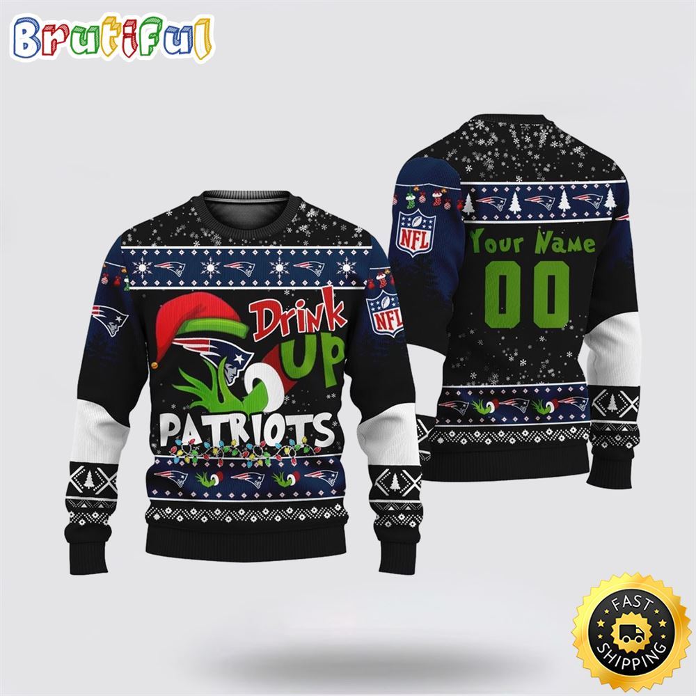 Custom NFL New England Patriots Ugly Christmas Sweater Grinch Drink Up Christmas Gift For Football Fans
