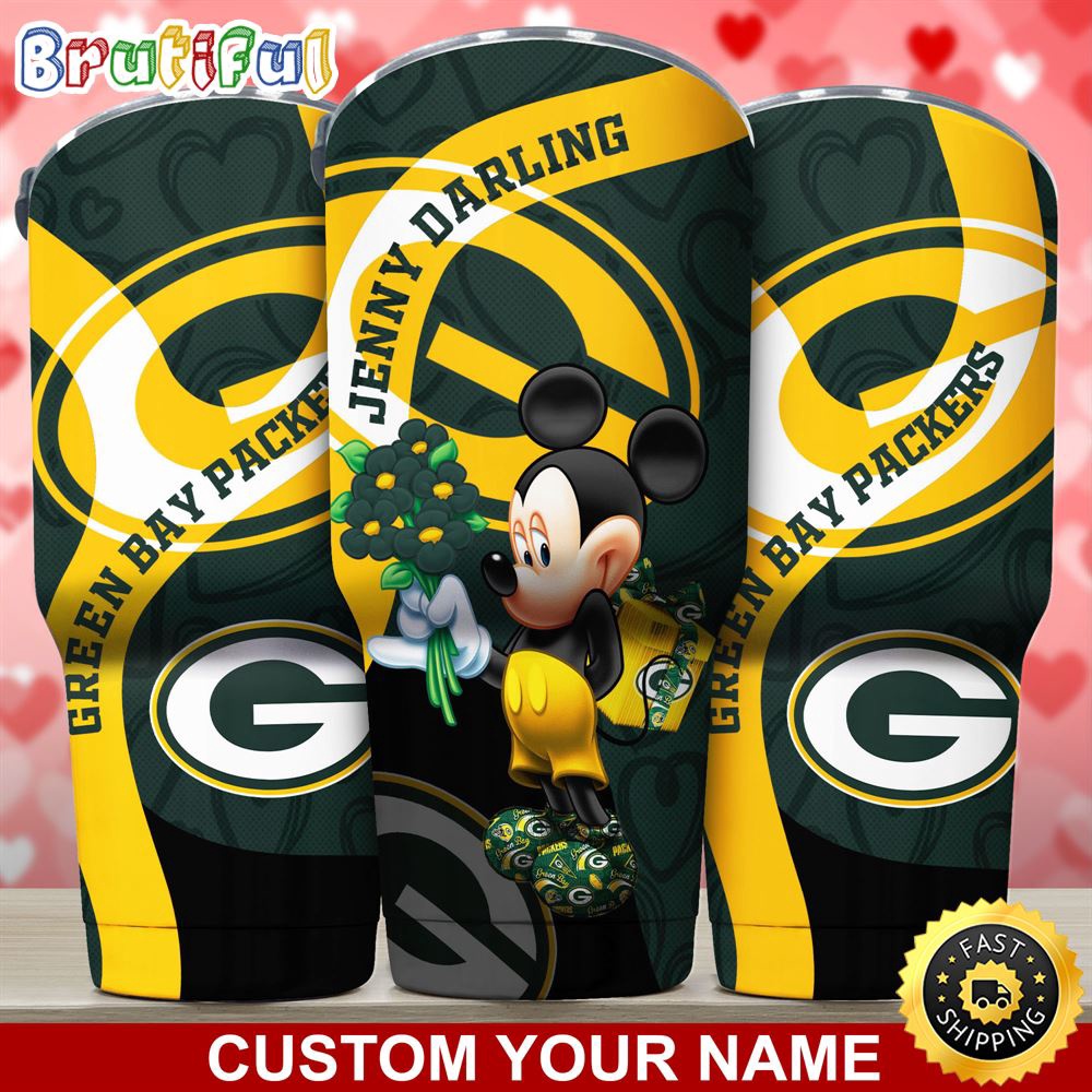 Custom Name NFL Green Bay Packers Tumbler Nfl Mickey Mouse Tumbler For Your Darling This Valentine
