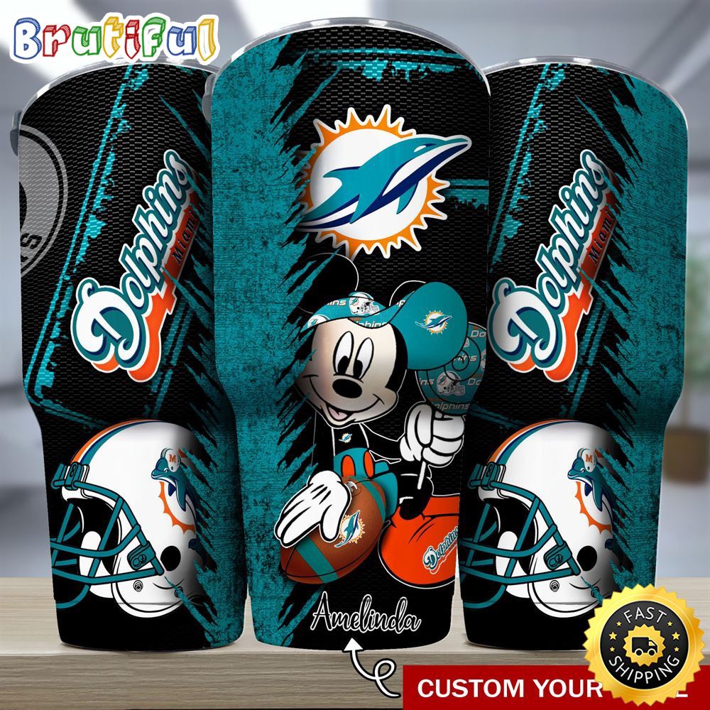 Custom Name NFL Miami Dolphins Tumbler Mickey Tumbler Art For Sports Fan