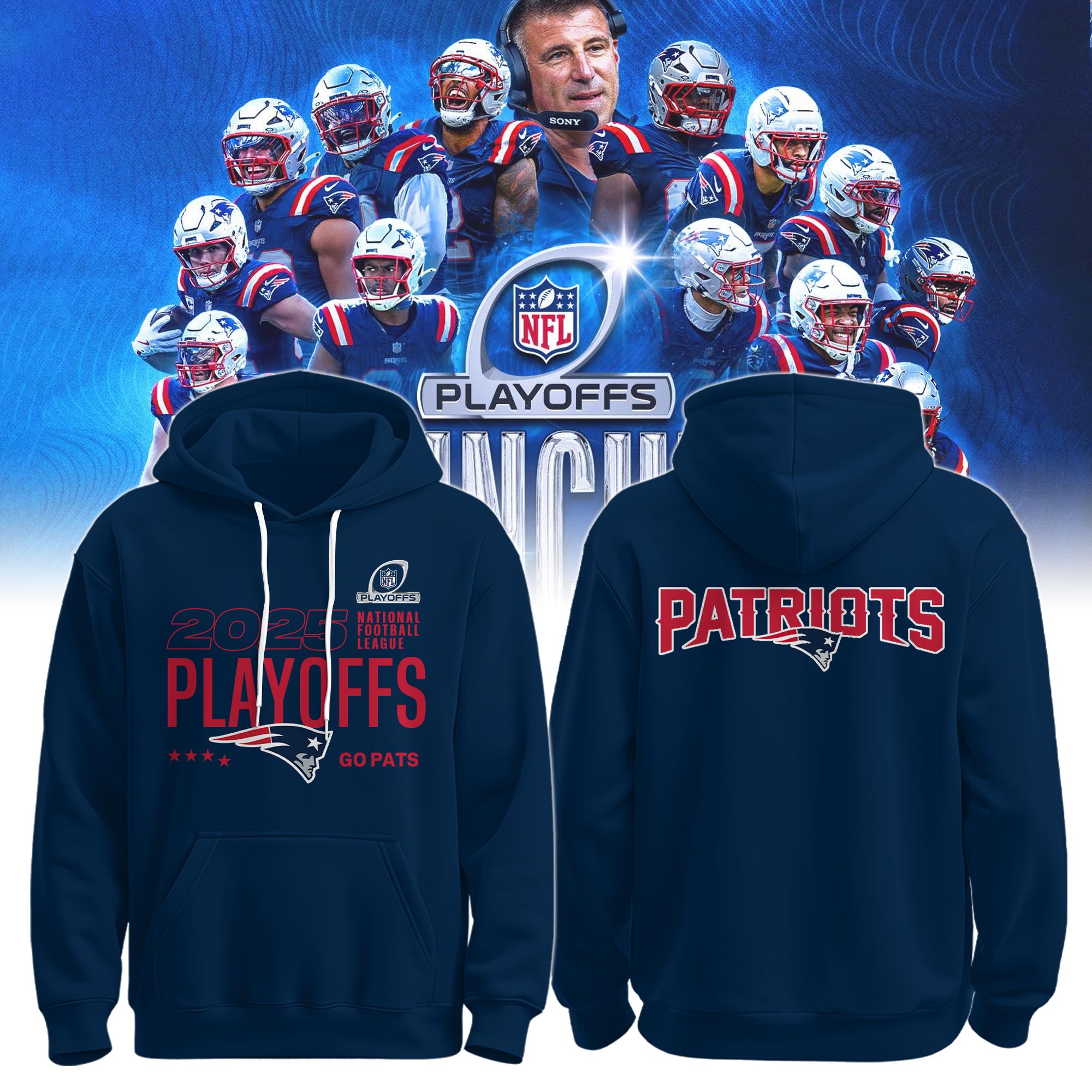 New England Patriots Royal Blue NFL Playoffs 2025 Hoodie