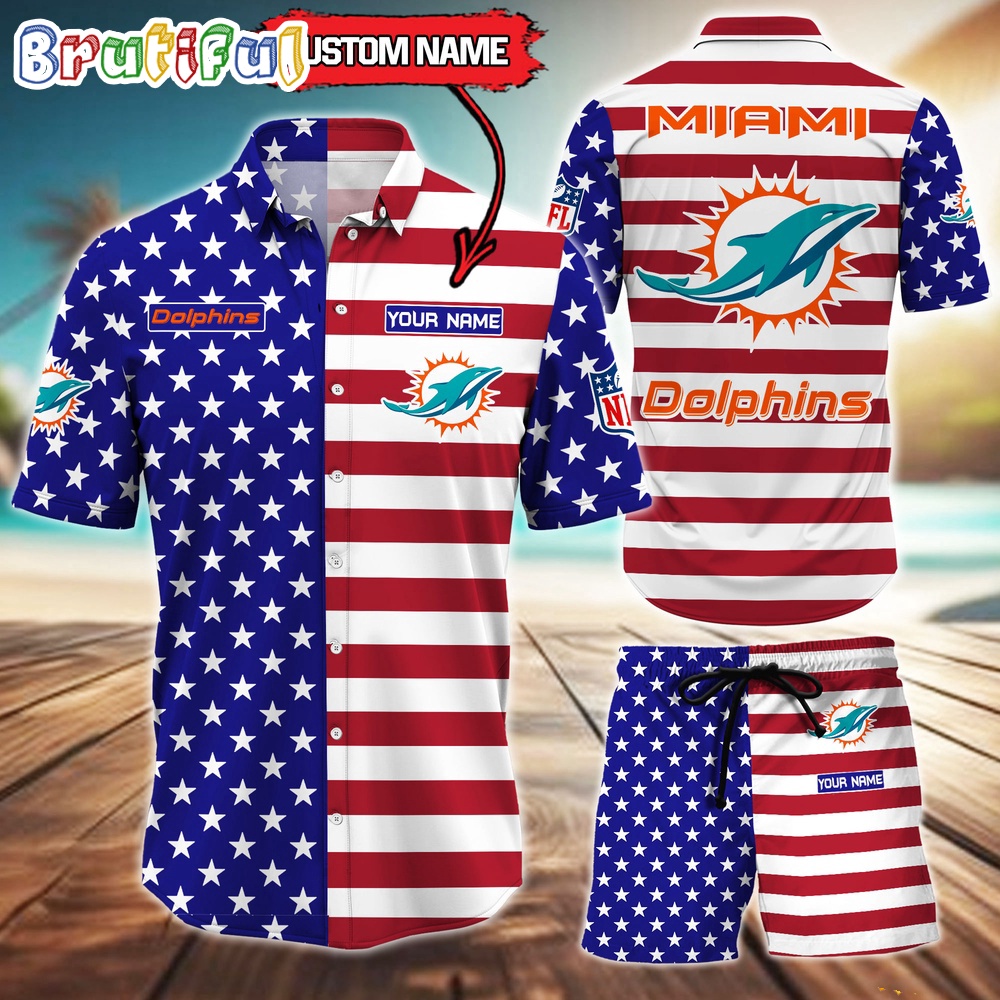 Miami Dolphins American Flag Hawaii Shirt, NFL Sport American Flag Hawaiian Shirt And Shorts Set Mens
