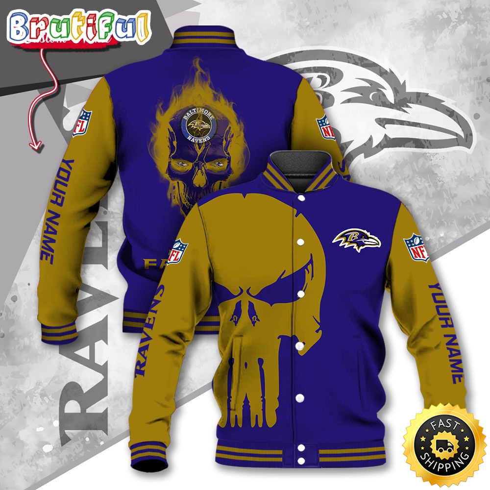 NFL Baltimore Ravens Baseball Jacket Skull Print Jacket